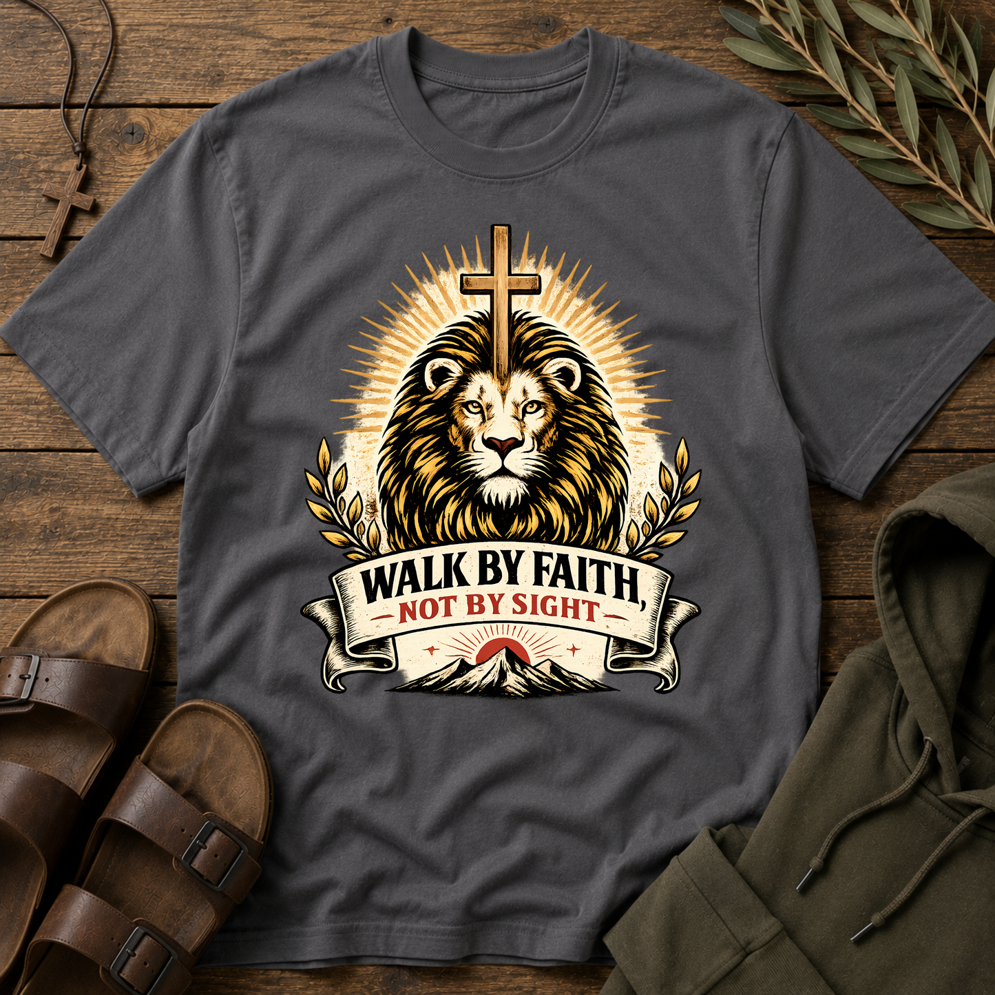 Walk By Faith Not By Sight Christian T-Shirt | Lion of Judah Faith Graphic Tee | 2 Corinthians 5:7 Christian Shirt Breaking Bread Designs