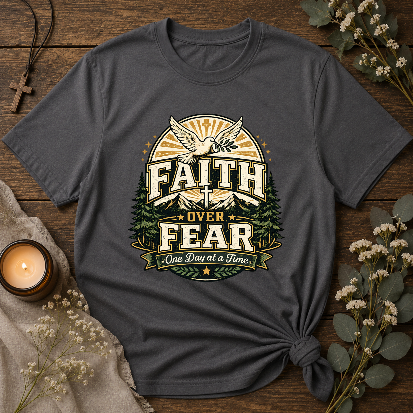 Faith Over Fear Christian T-Shirt | One Day at a Time Inspirational Faith Graphic Tee | Vintage Christian Apparel Breaking Bread Designs