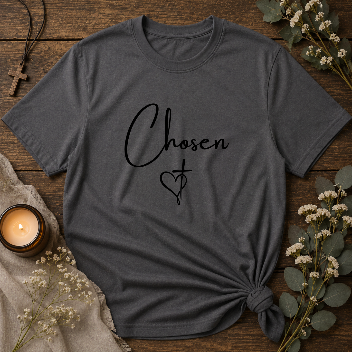 Chosen Christian T-Shirt | Minimalist Faith Script Graphic Tee | Cross Heart Jesus Christian Shirt Breaking Bread Designs