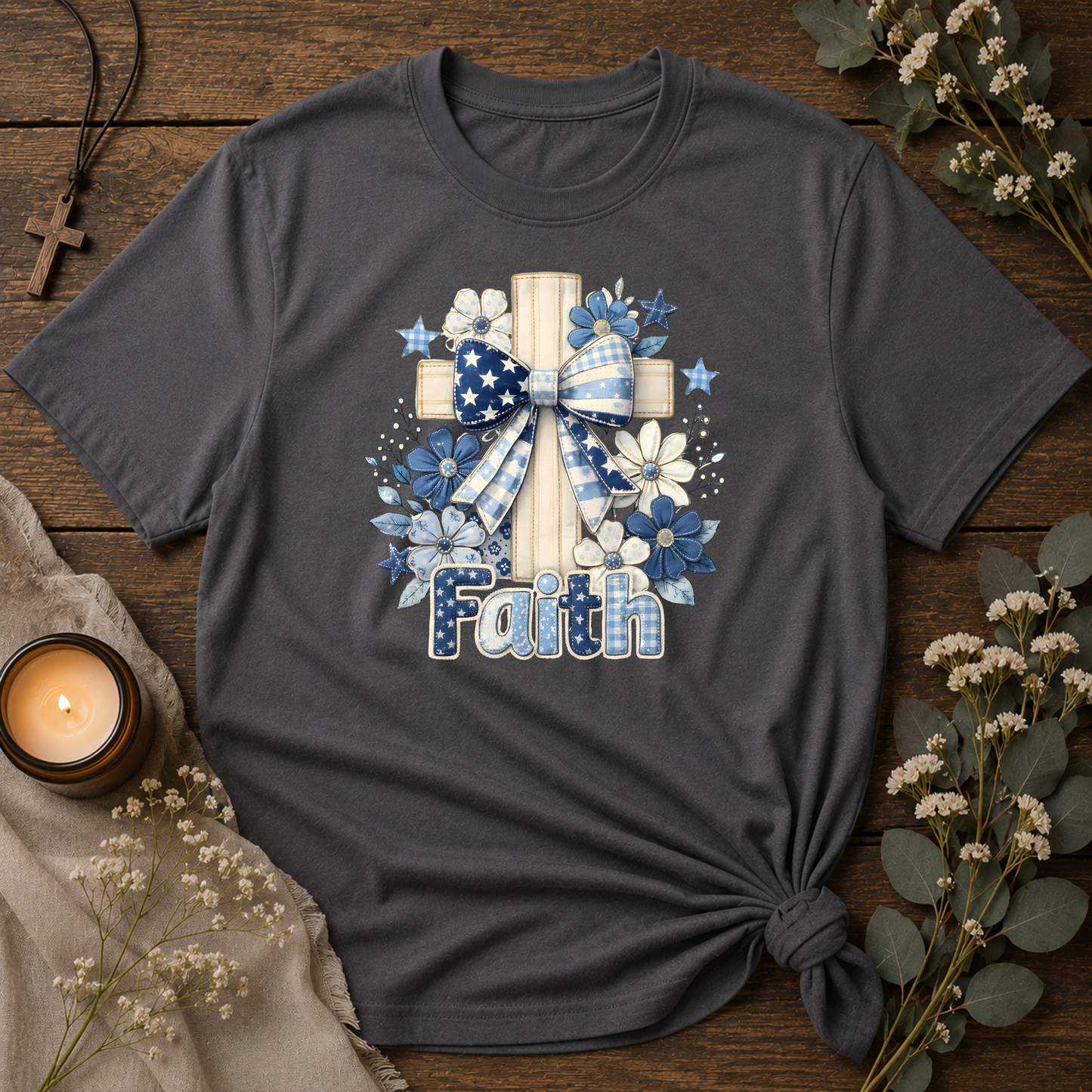 Faith Christian T-Shirt | Cute Embroidered Look Cross & Floral Graphic Tee | Patriotic Christian Coquette Shirt Breaking Bread Designs