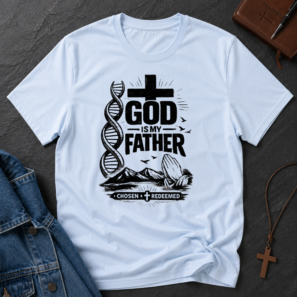A light blue short-sleeve graphic T-shirt laid flat on a dark textured surface, styled with a denim jacket, a brown leather journal, and a wooden cross necklace. The shirt features a black graphic print with a DNA double helix, a cross, praying hands, birds, and the text 'GOD IS MY FATHER' and 'CHOSEN + REDEEMED'.