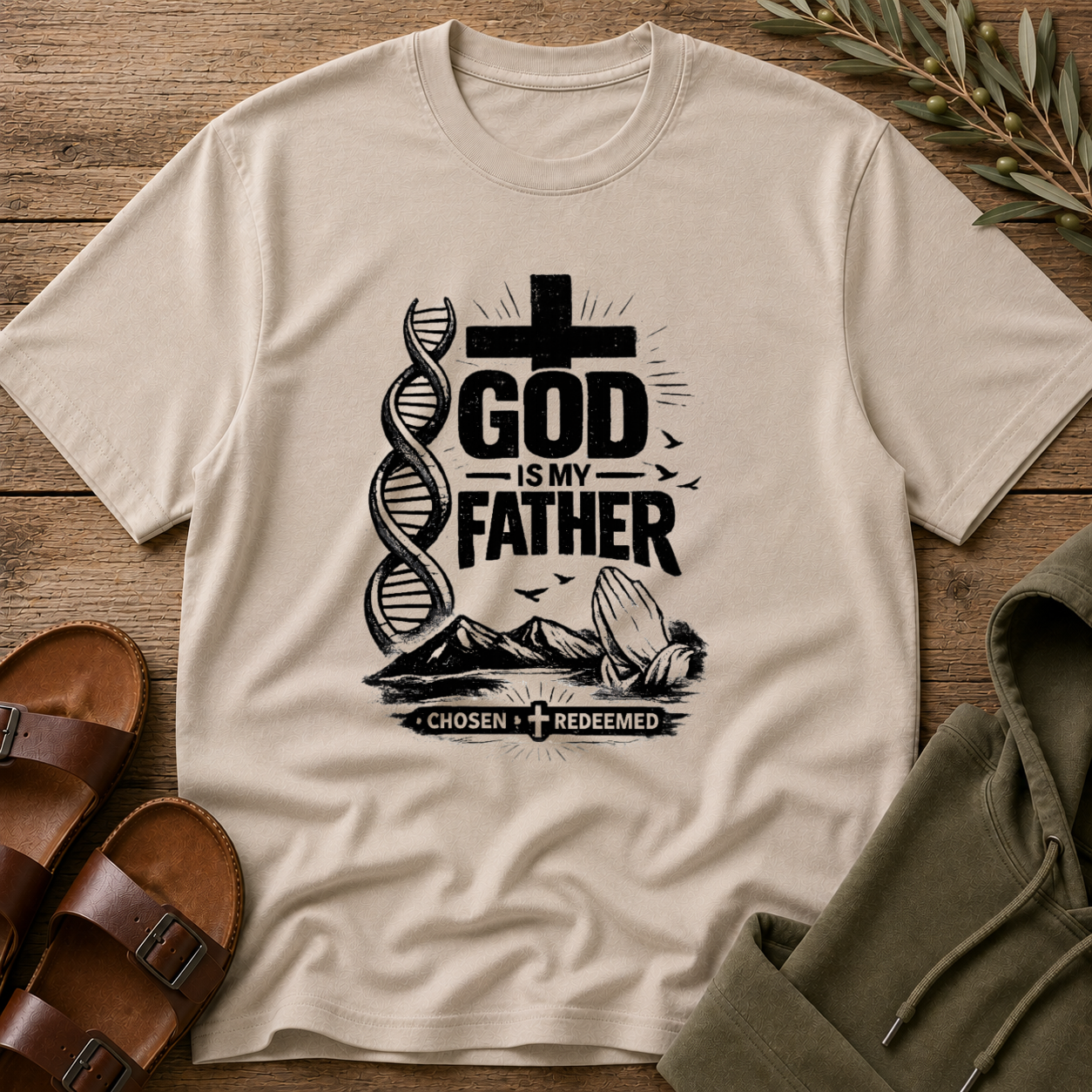 A cream-colored short-sleeve t-shirt with a black graphic print that reads 'GOD IS MY FATHER' alongside a cross, DNA double helix, and praying figure. The shirt is displayed in a flat-lay arrangement on a rustic wooden surface, surrounded by brown leather sandals, a green hoodie, and a small olive branch.