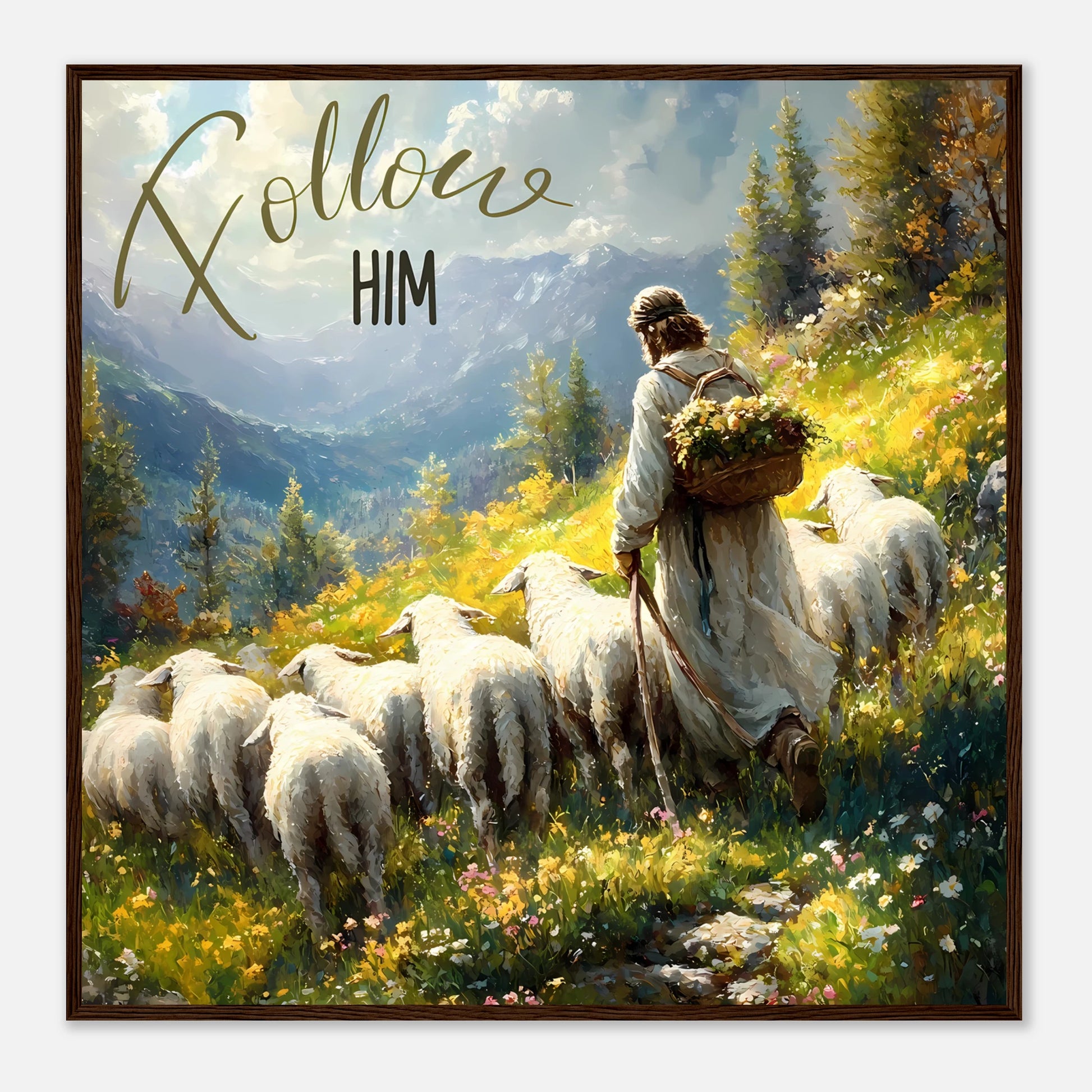 Painting of a shepherd with sheep in a mountainous landscape, featuring the text 'Follow Him'.