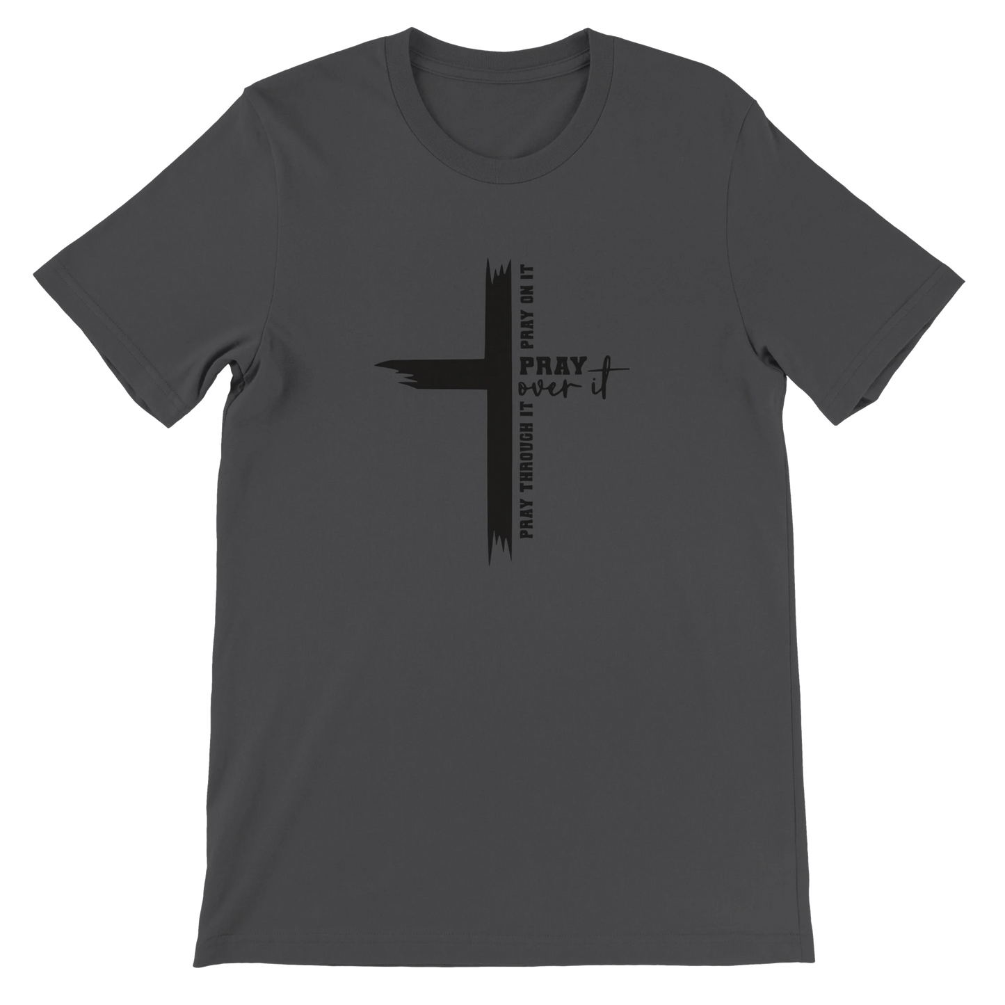 Gray t-shirt with a black pray over it cross design