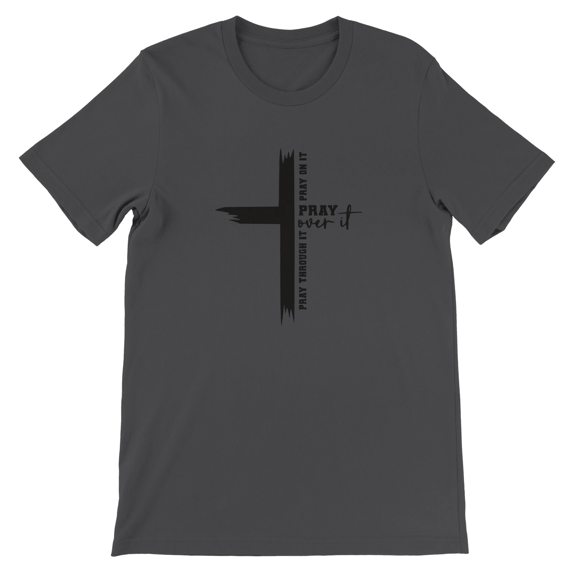 Gray t-shirt with a black pray over it cross design