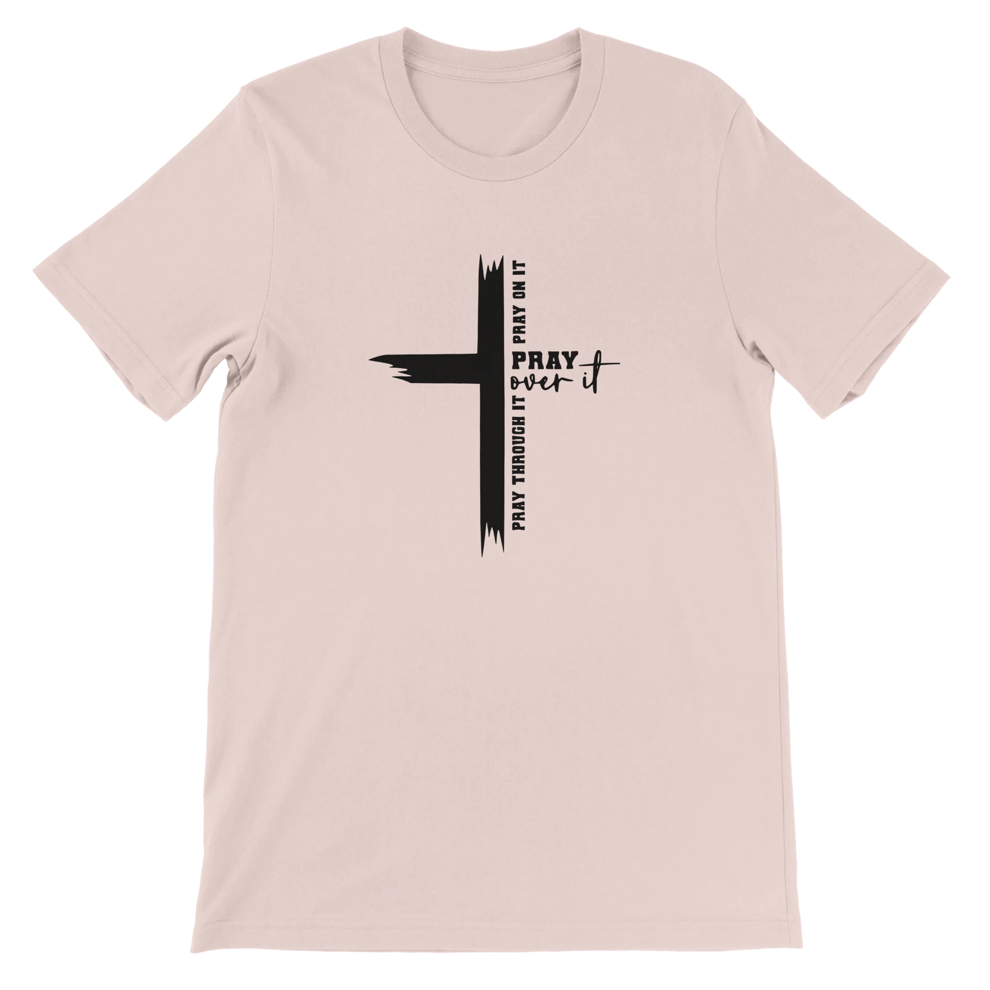 Beige t-shirt with a black cross design and text on a white background