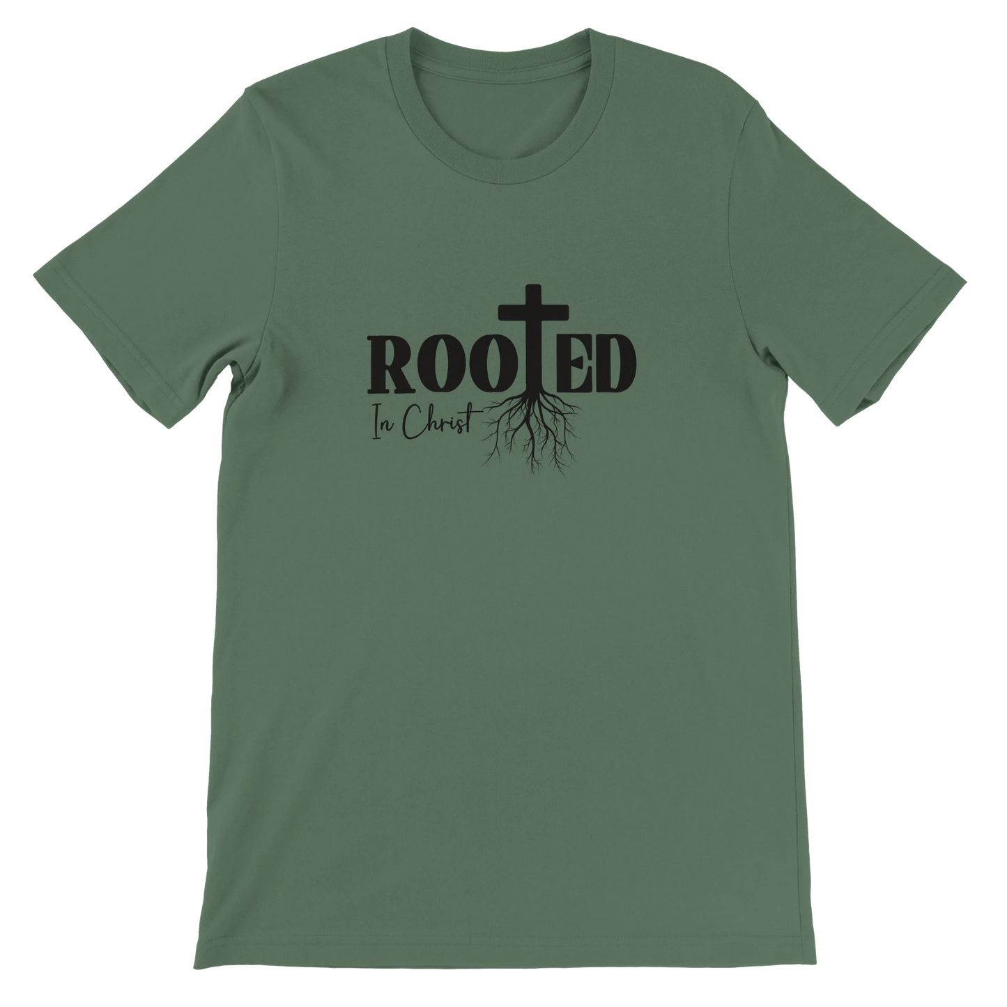 Green t-shirt with 'Rooted In Christ' design on a white background