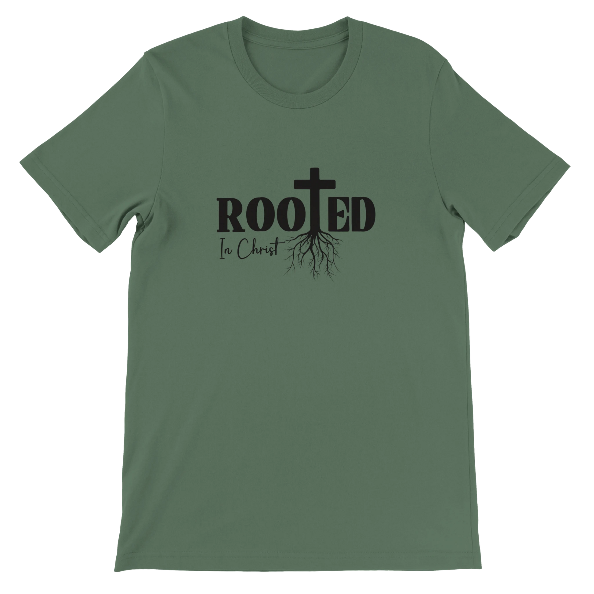 Green t-shirt with 'Rooted In Christ' design on a white background