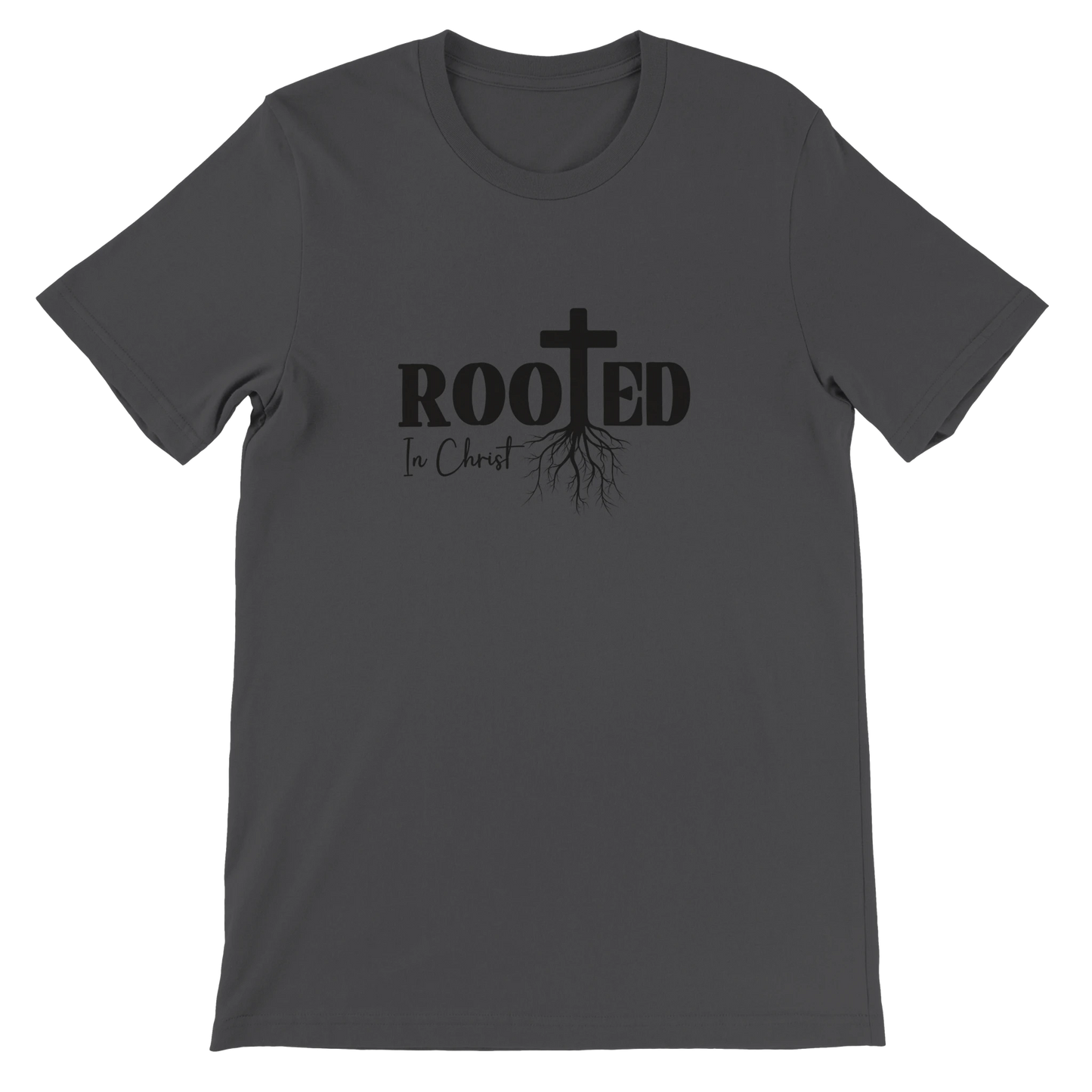 gray t-shirt with rooted in christ text minimalist graphic on it