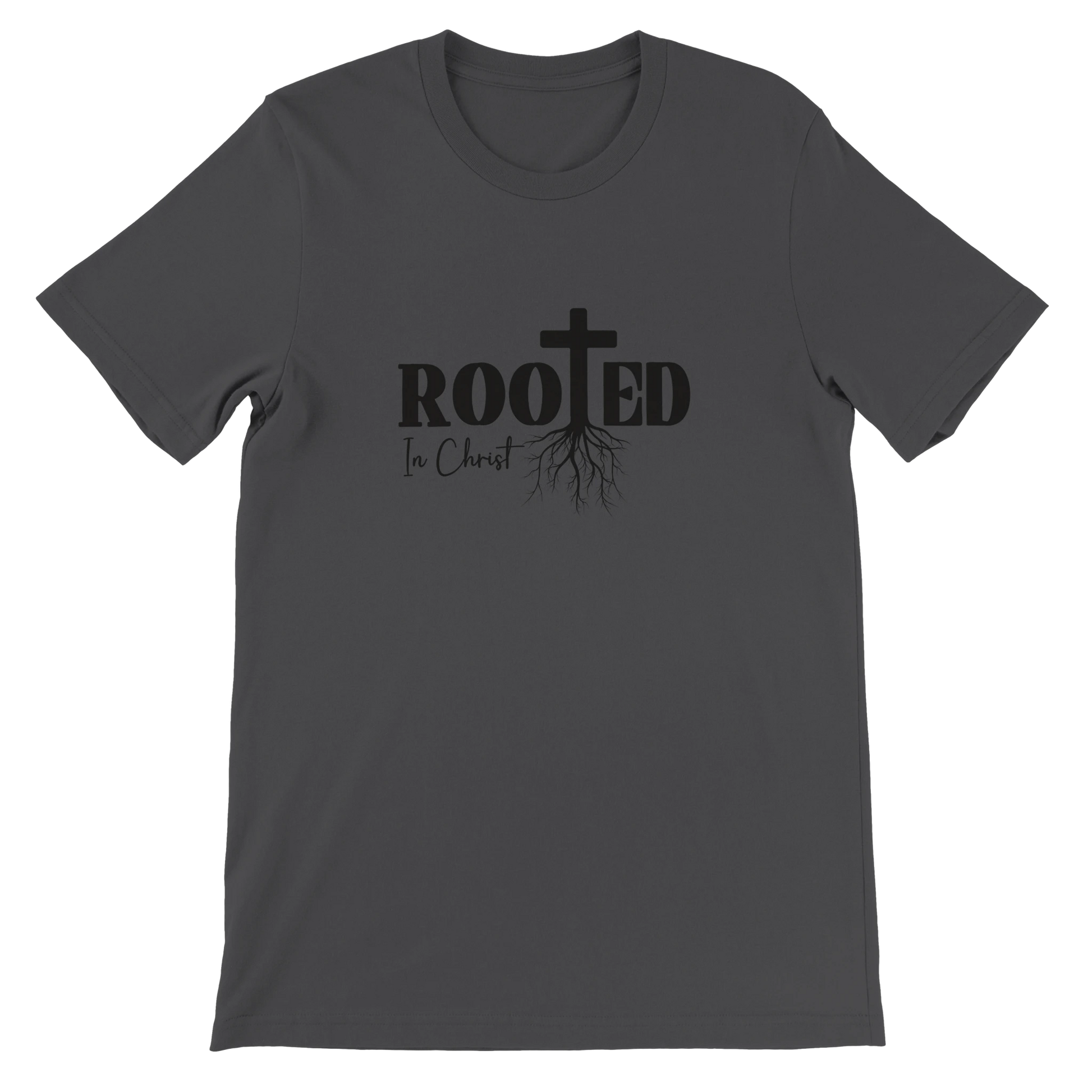 gray t-shirt with rooted in christ text minimalist graphic on it