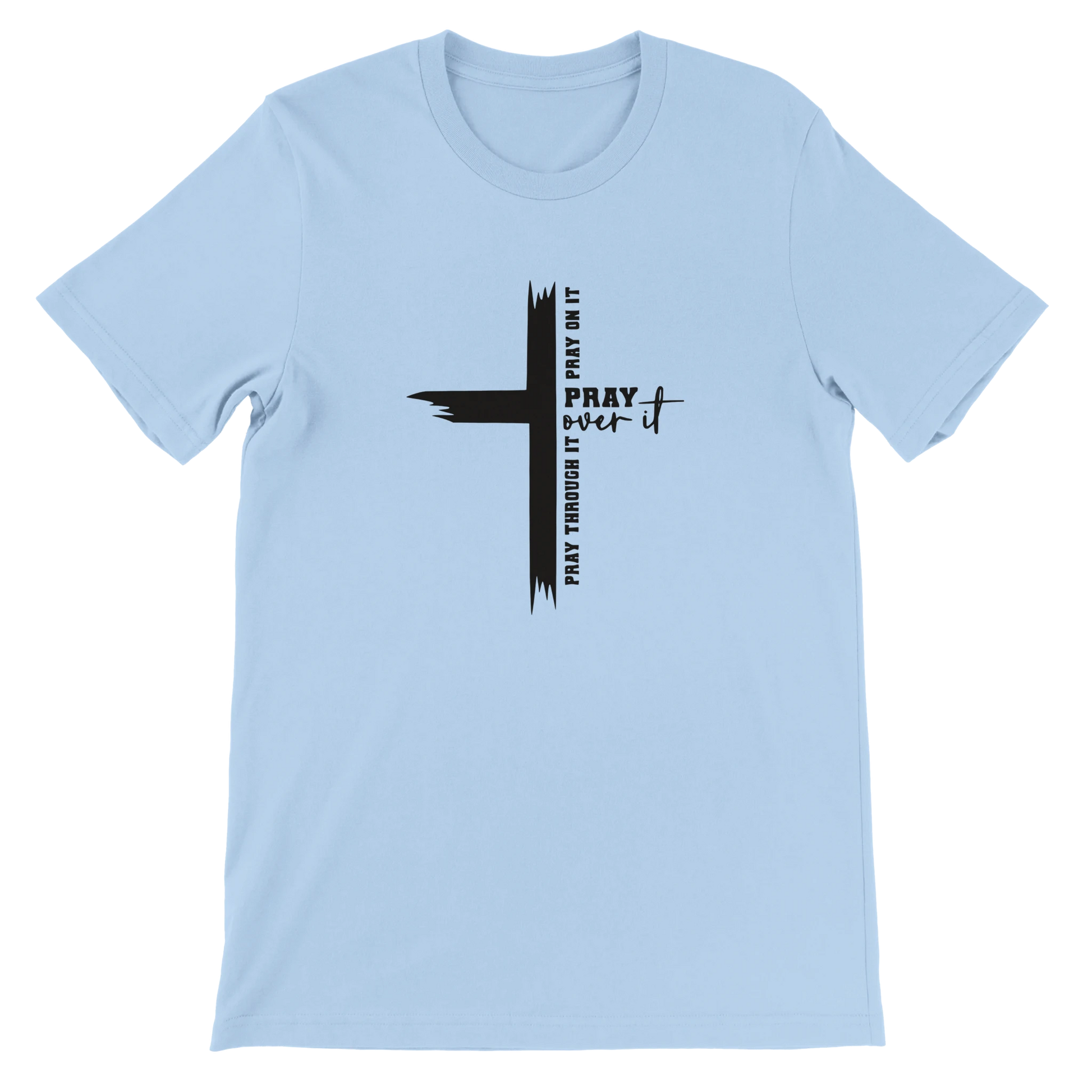 Light blue t-shirt with a black cross and text design on a white background