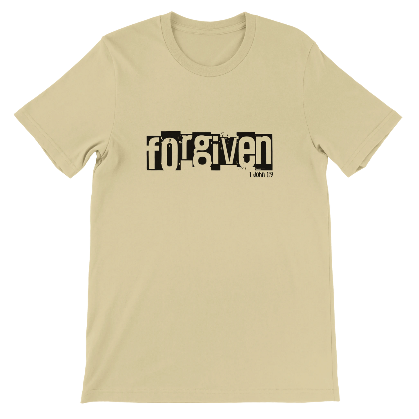 Natural t-shirt with 'forgiven' text on a white background