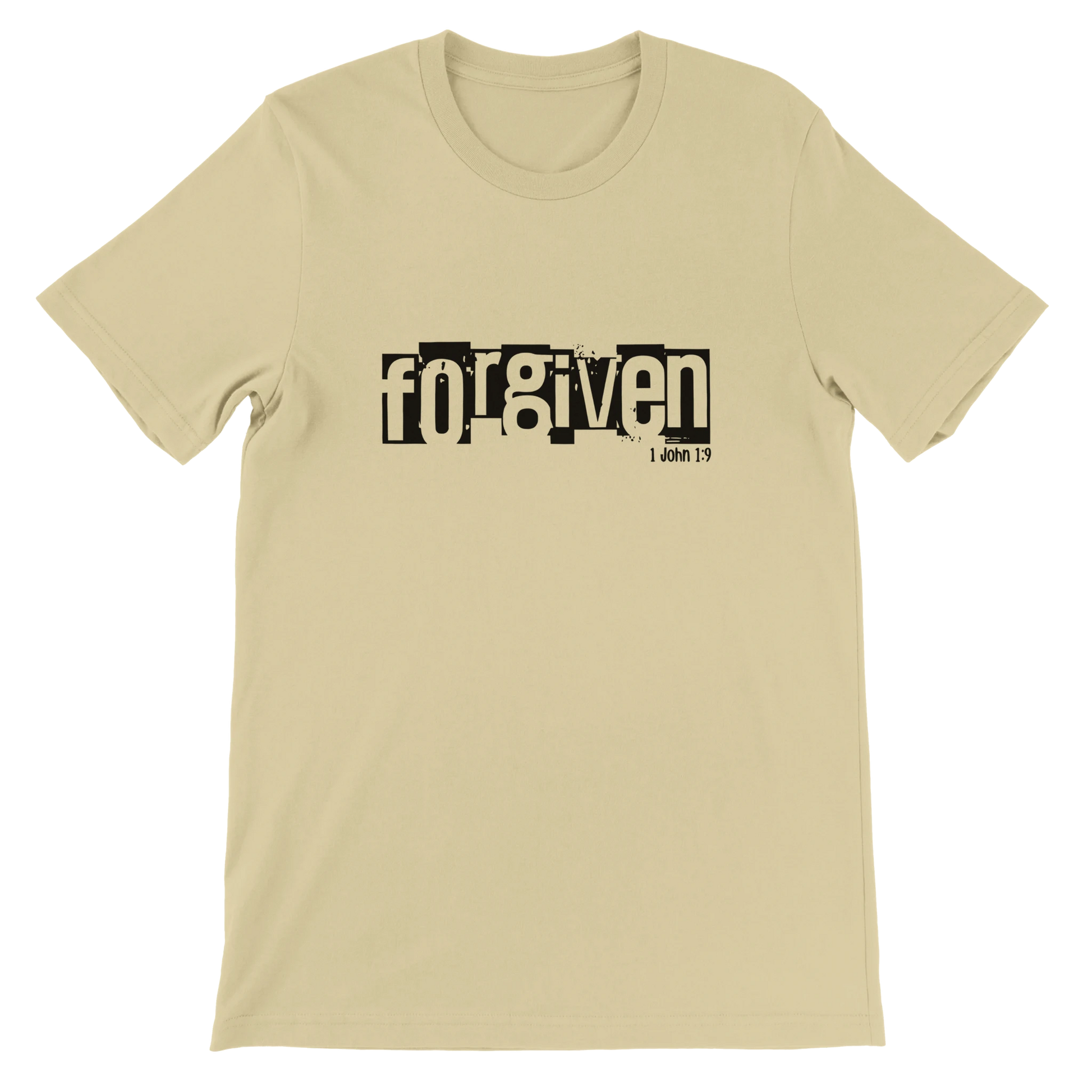 Natural t-shirt with 'forgiven' text on a white background