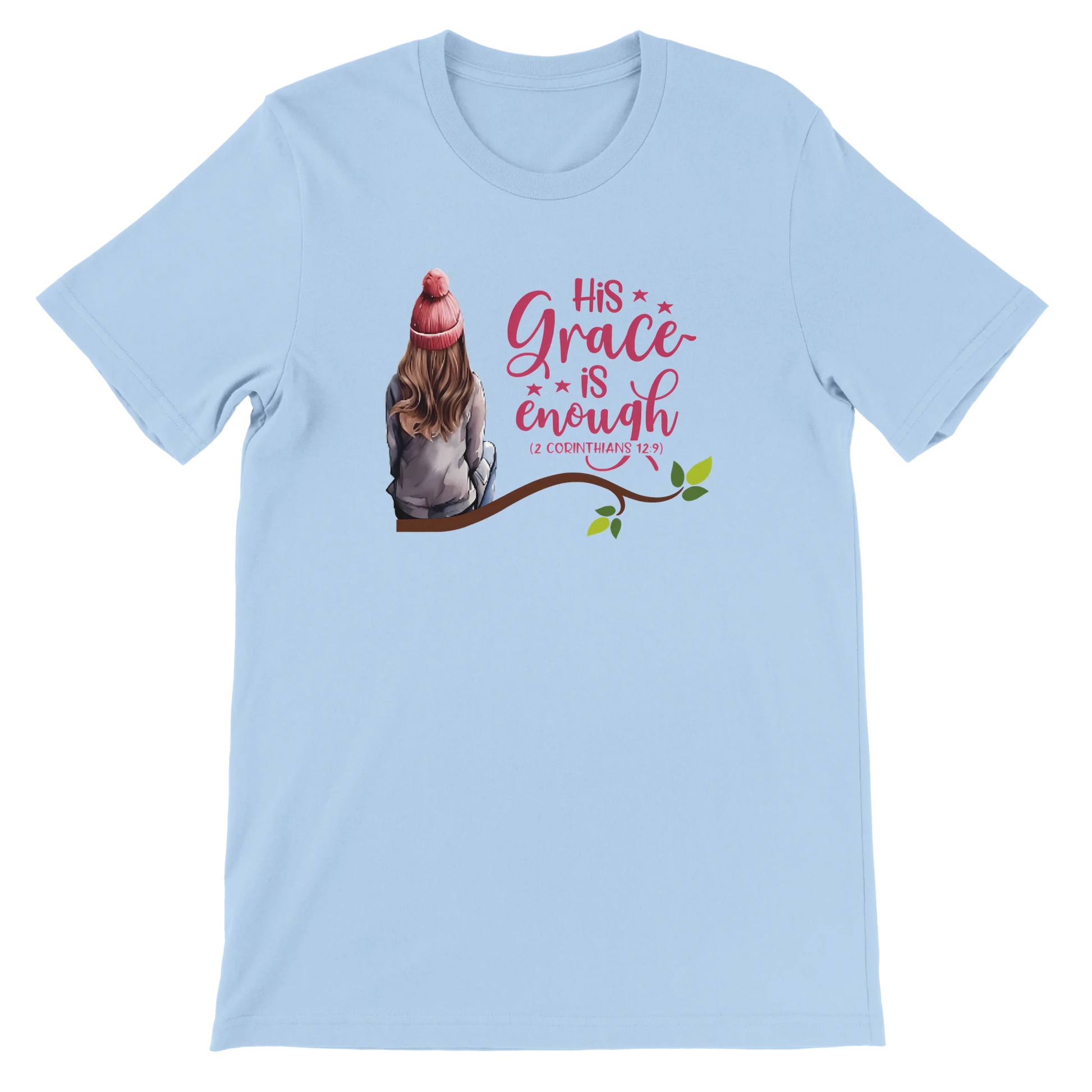 Light blue t-shirt with a graphic of a girl in a pink hat and 'His Grace is Enough' text on a white background