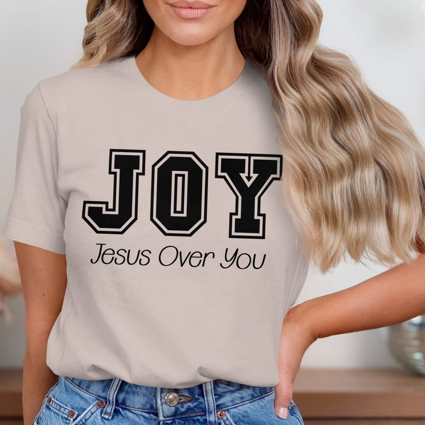 JOY Jesus Over You Varsity Text Design T-Shirt – Christian Minimalist Tee - Breaking Bread Designs