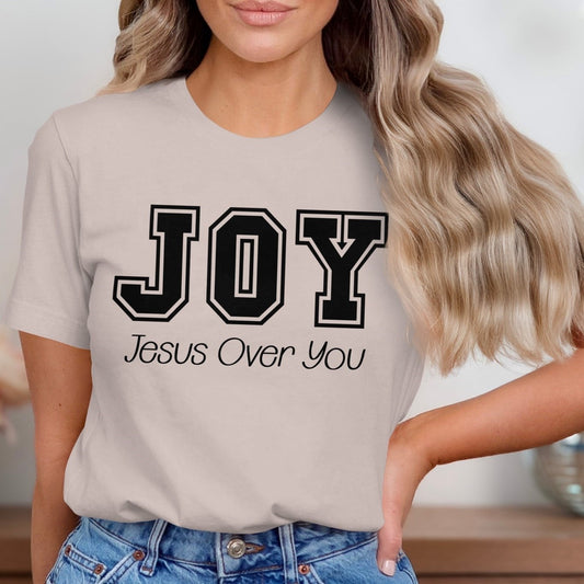 JOY Jesus Over You Varsity Text Design T-Shirt – Christian Minimalist Tee - Breaking Bread Designs