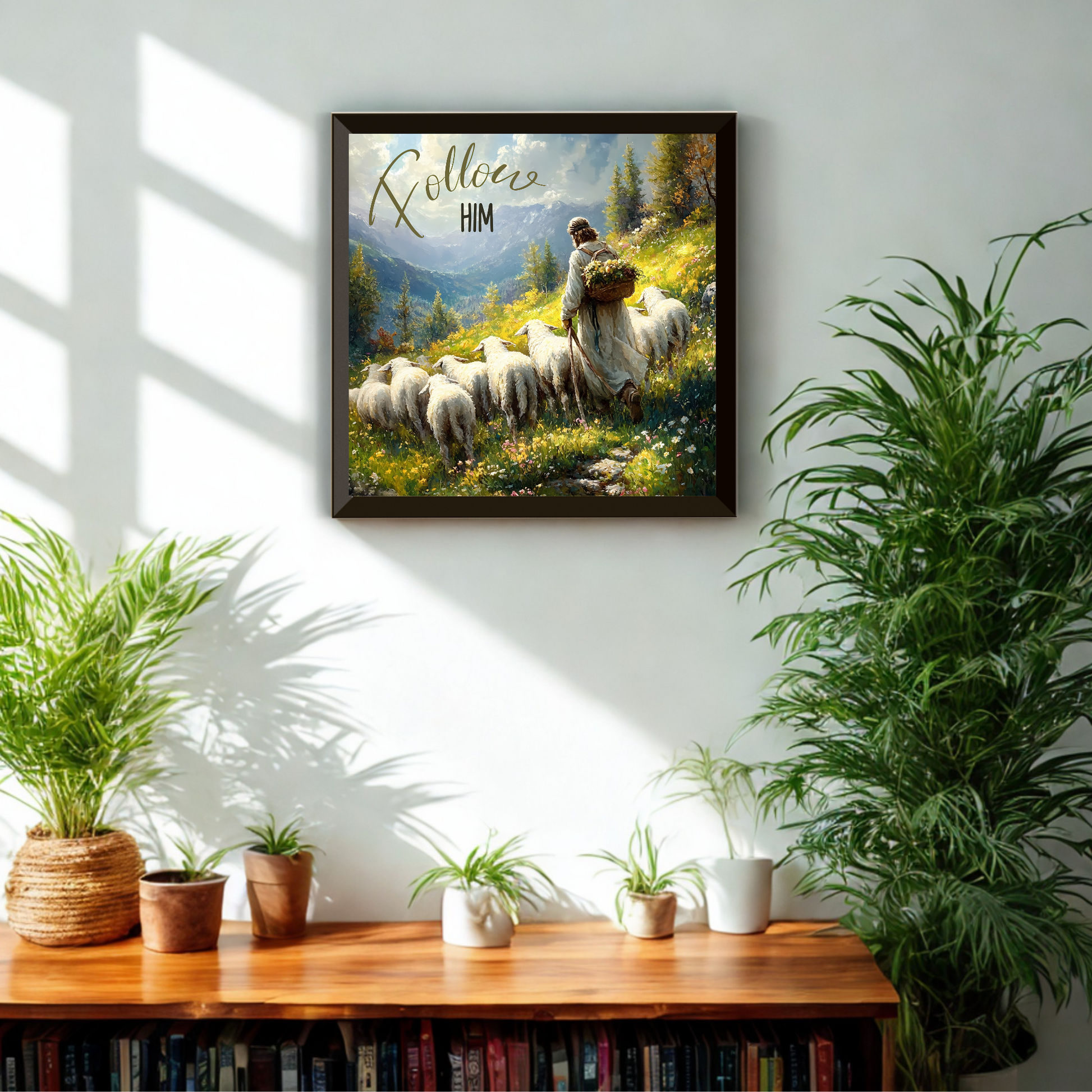 Framed artwork of a shepherd with sheep on a wall above a wooden table with plants.