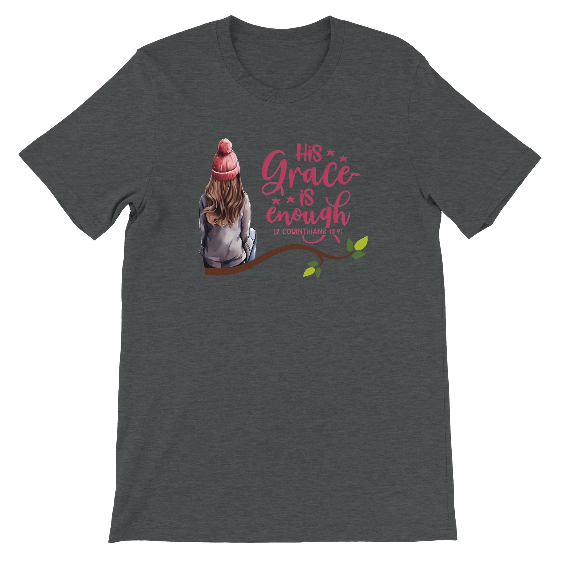 Dark gray t-shirt with a graphic of a person sitting under a tree and text 'His grace is enough to overcome it' on a white background.
