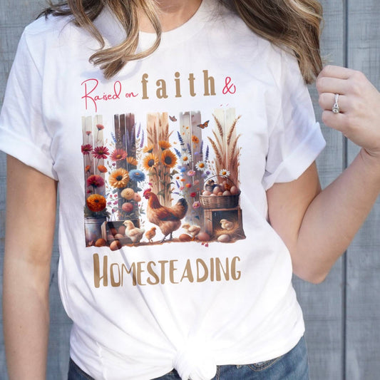 Raised on Faith and Homesteading Christian T-Shirt – Religious Graphic Tee - Breaking Bread Designs