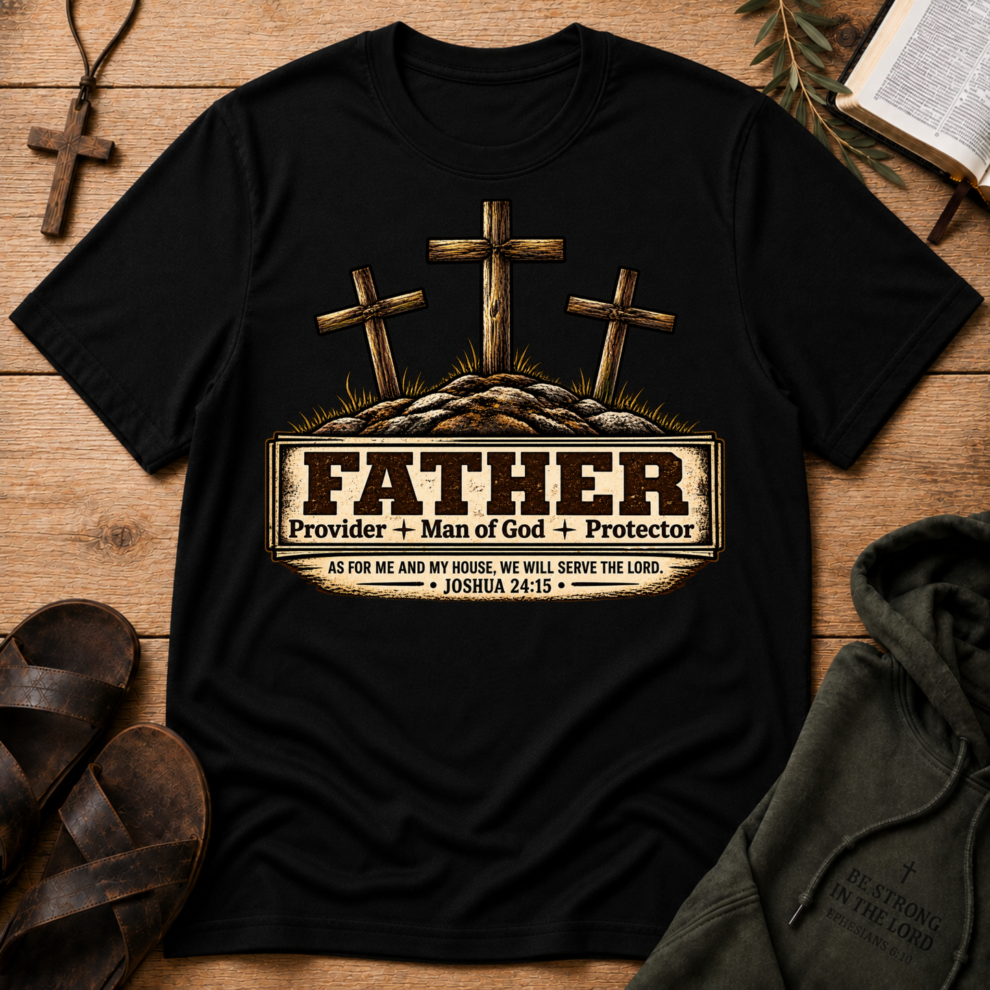 A black short-sleeve graphic T-shirt laid flat on a wooden surface, featuring three crosses above a tombstone-style design with the word 'FATHER' and the phrases 'Provider + Man of God + Protector' and 'AS FOR ME AND MY HOUSE, WE WILL SERVE THE LORD • JOSHUA 24:15'. Surrounding props include a cross, sandals, an open book, and a dark hoodie.