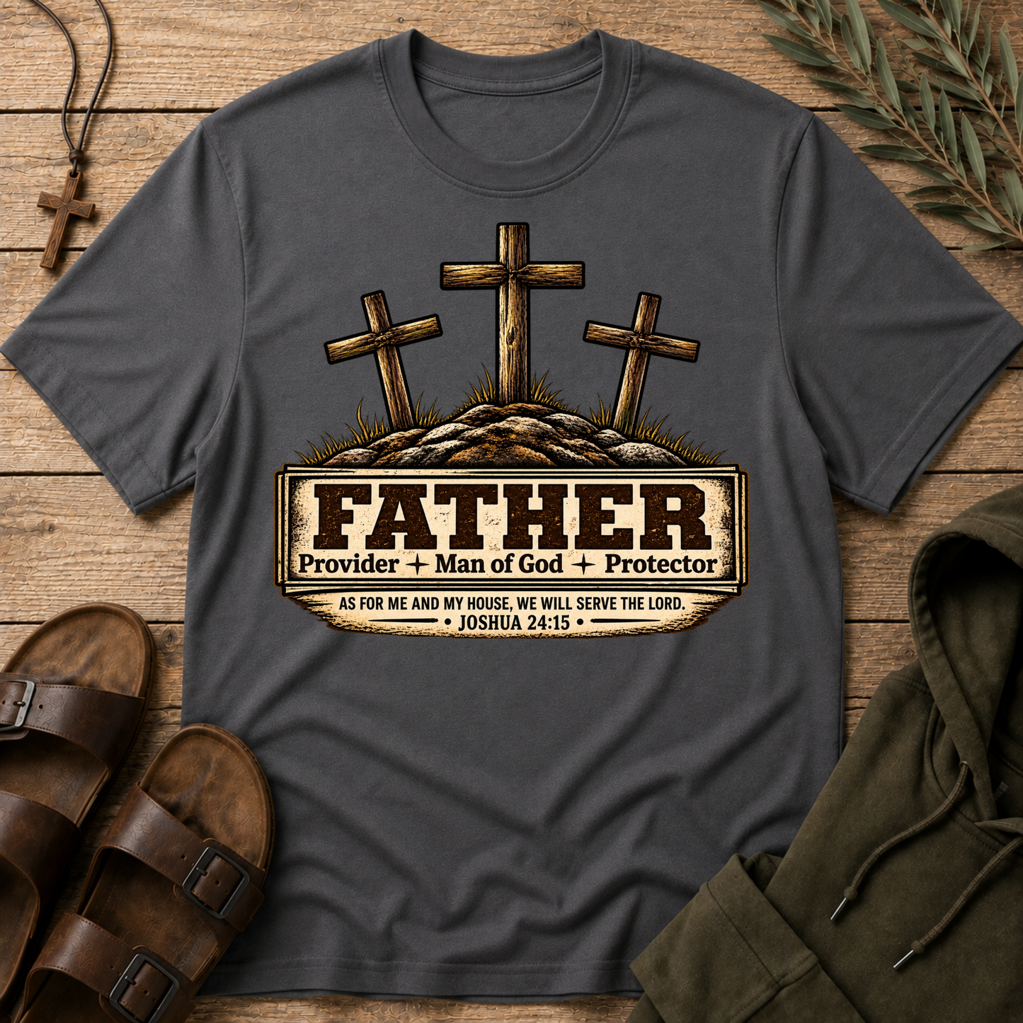 A dark gray graphic t-shirt laid flat on a rustic wooden surface, surrounded by styled props including brown leather sandals, an olive green hoodie, a cross necklace, and pine branches. The t-shirt features a graphic of three wooden crosses on a hill with a sign that reads 'FATHER Provider + Man of God + Protector' and a Bible verse from Joshua 24:15.