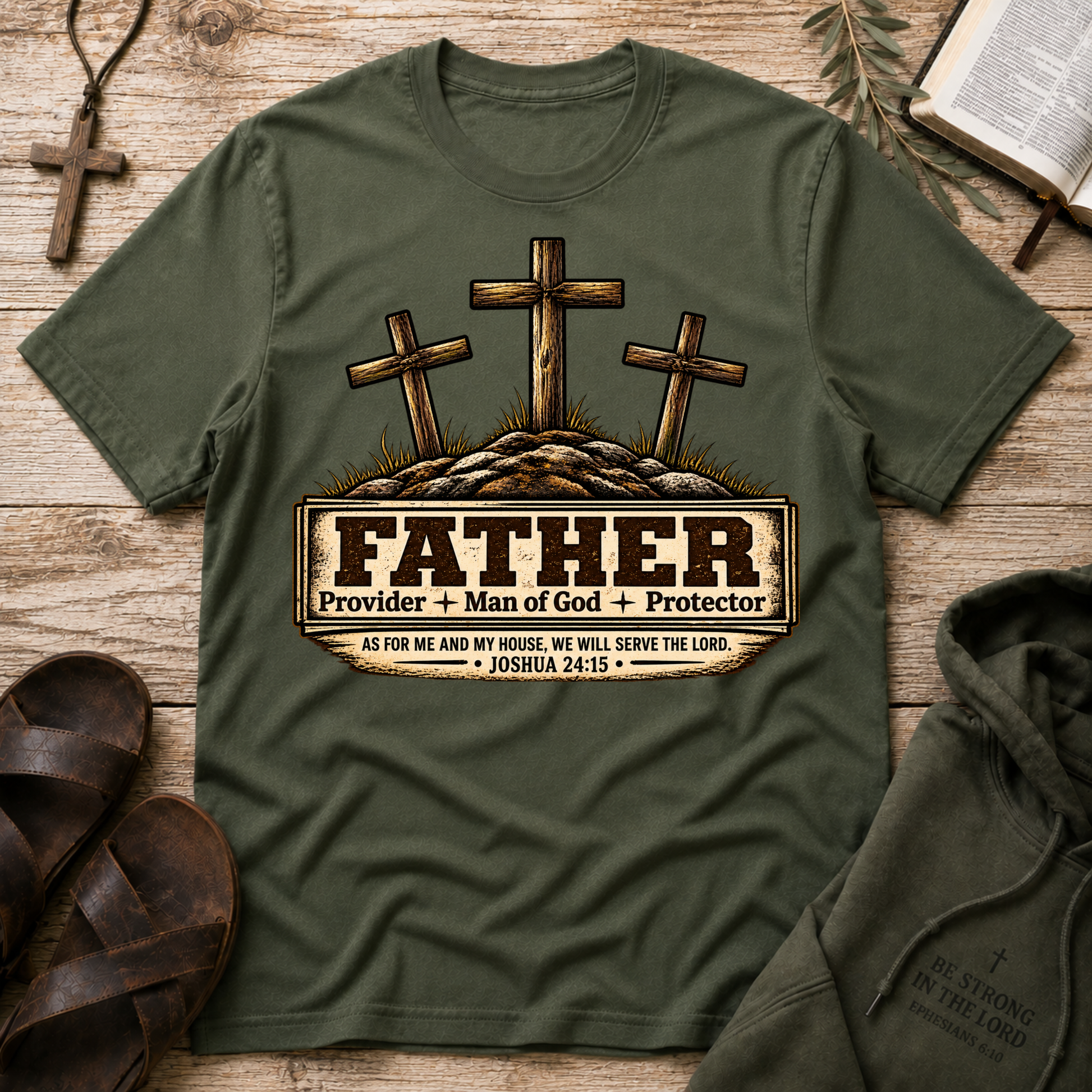 An military green graphic t-shirt laid flat on a rustic wooden background, styled with a brown cross necklace, sandals, a book, and a hoodie. The t-shirt features a graphic of three wooden crosses on a hill with a sign that reads 'FATHER Provider + Man of God + Protector' and a Bible verse from Joshua 24:15.