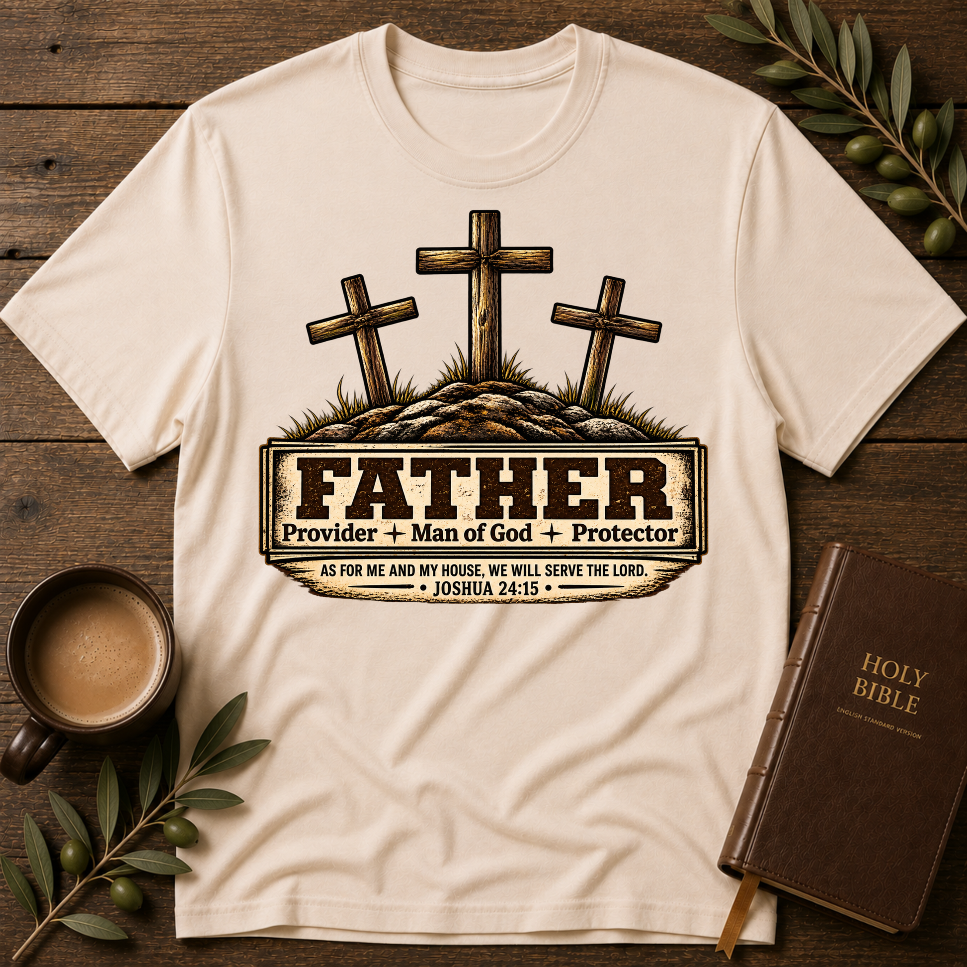 A natural-colored graphic t-shirt laid flat on a rustic wooden background, styled with a coffee cup, green leaves, and a brown Holy Bible. The t-shirt features a graphic of three wooden crosses on a hill with the text 'FATHER Provider + Man of God + Protector' and 'AS FOR ME AND MY HOUSE, WE WILL SERVE THE LORD.