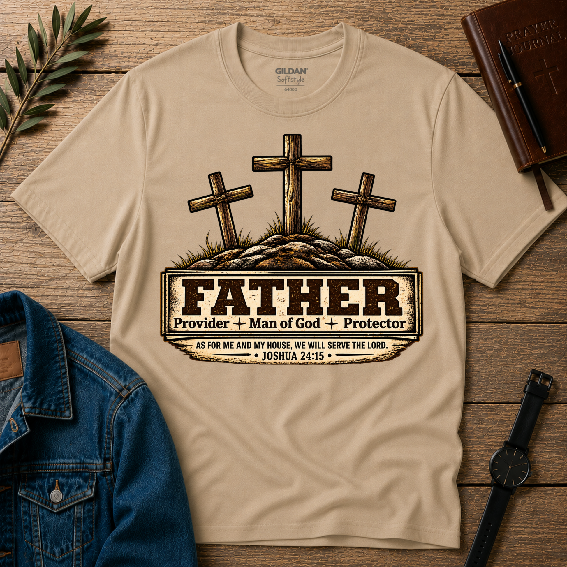 A beige graphic t-shirt laid flat on a rustic wooden surface, styled with a denim jacket, watch, notebook, and a small green sprig. The shirt features a graphic of three wooden crosses on a hill with the text 'FATHER Provider + Man of God + Protector' and 'AS FOR ME AND MY HOUSE WE WILL SERVE THE LORD.