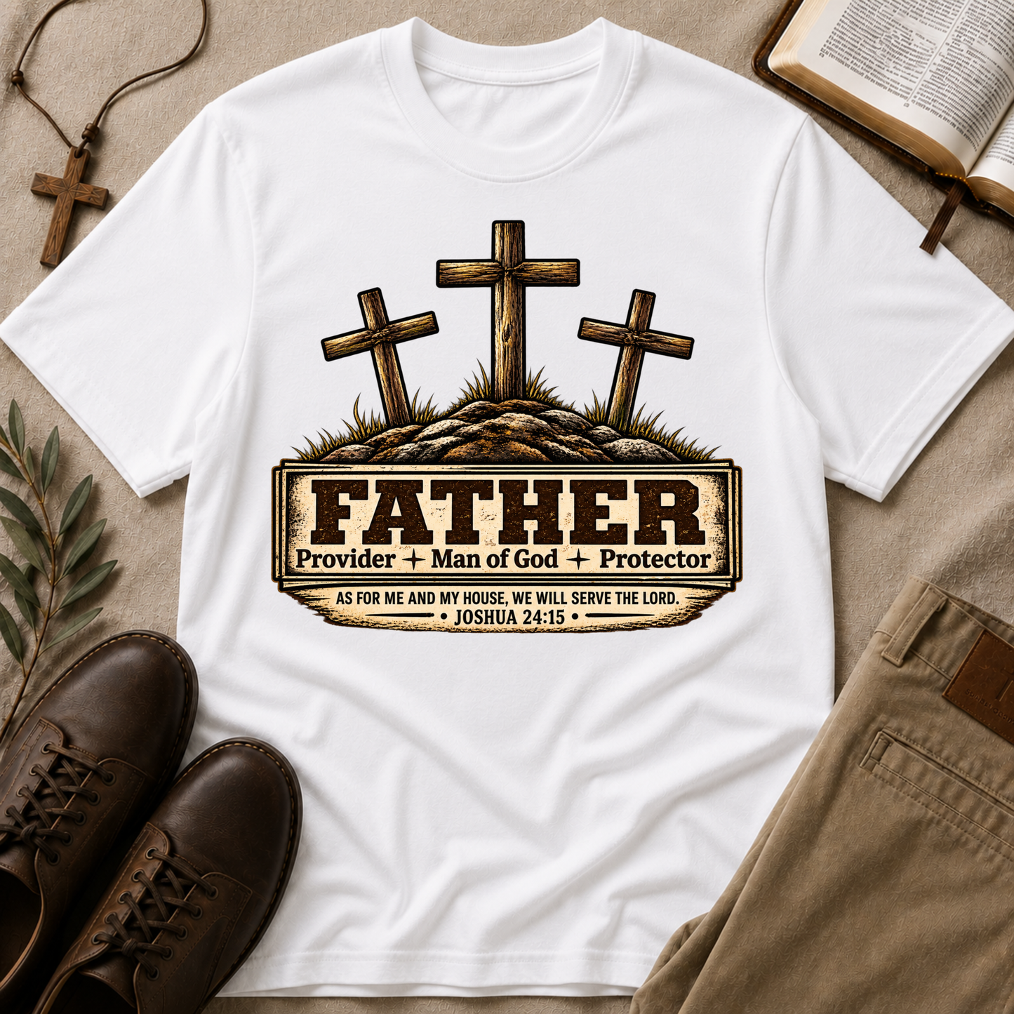 A white short-sleeve graphic T-shirt laid flat on a beige fabric surface, surrounded by styled props including brown leather shoes, khaki pants, an open book, a cross necklace, and a small leaf sprig. The shirt features a large front graphic with three wooden crosses, grass, and a sign reading “FATHER Provider + Man of God + Protector” with a Bible verse below.
