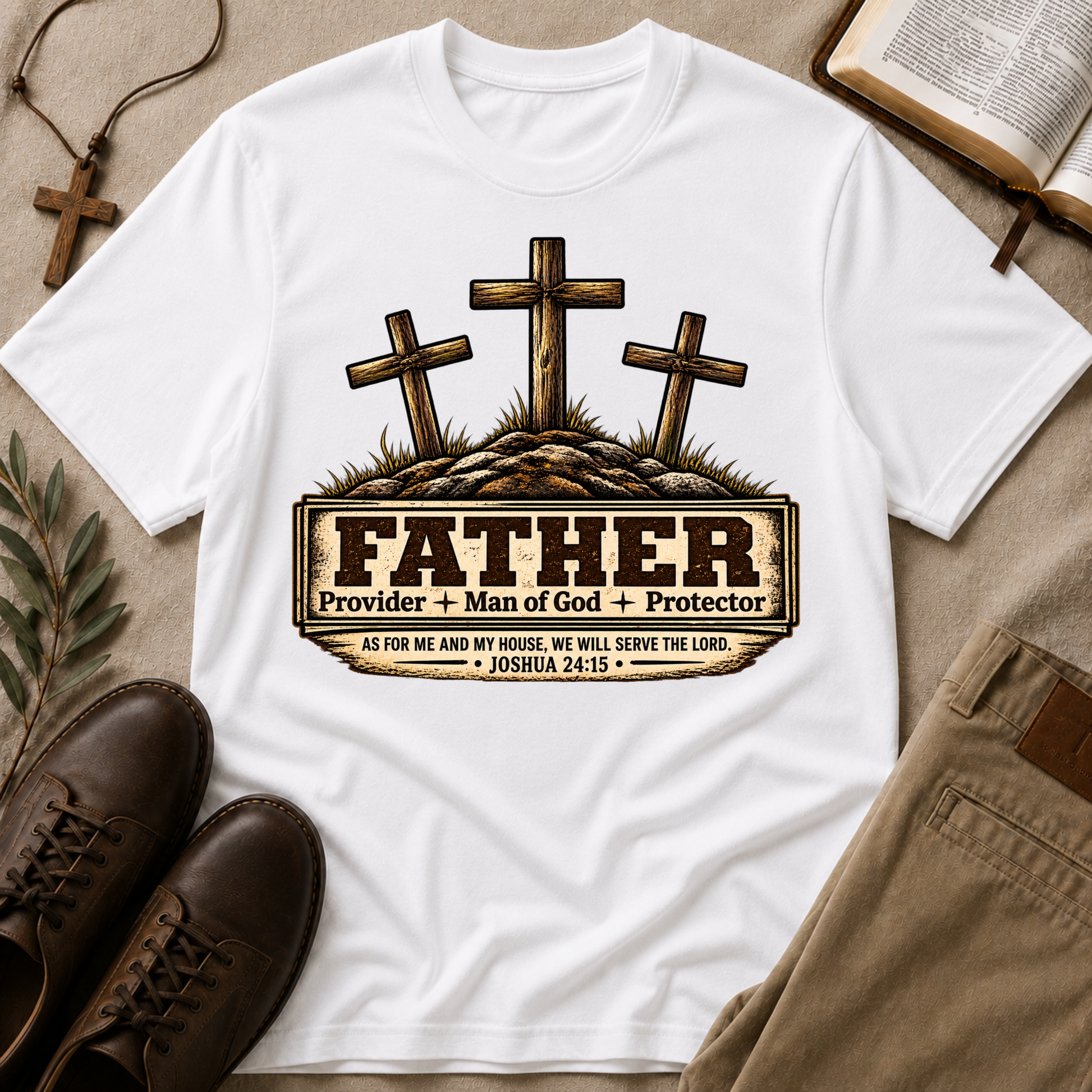 A white short-sleeve graphic T-shirt laid flat on a beige fabric surface, surrounded by styled props including brown leather shoes, khaki pants, an open book, a cross necklace, and a small leaf sprig. The shirt features a large front graphic with three wooden crosses, grass, and a sign reading “FATHER Provider + Man of God + Protector” with a Bible verse below.