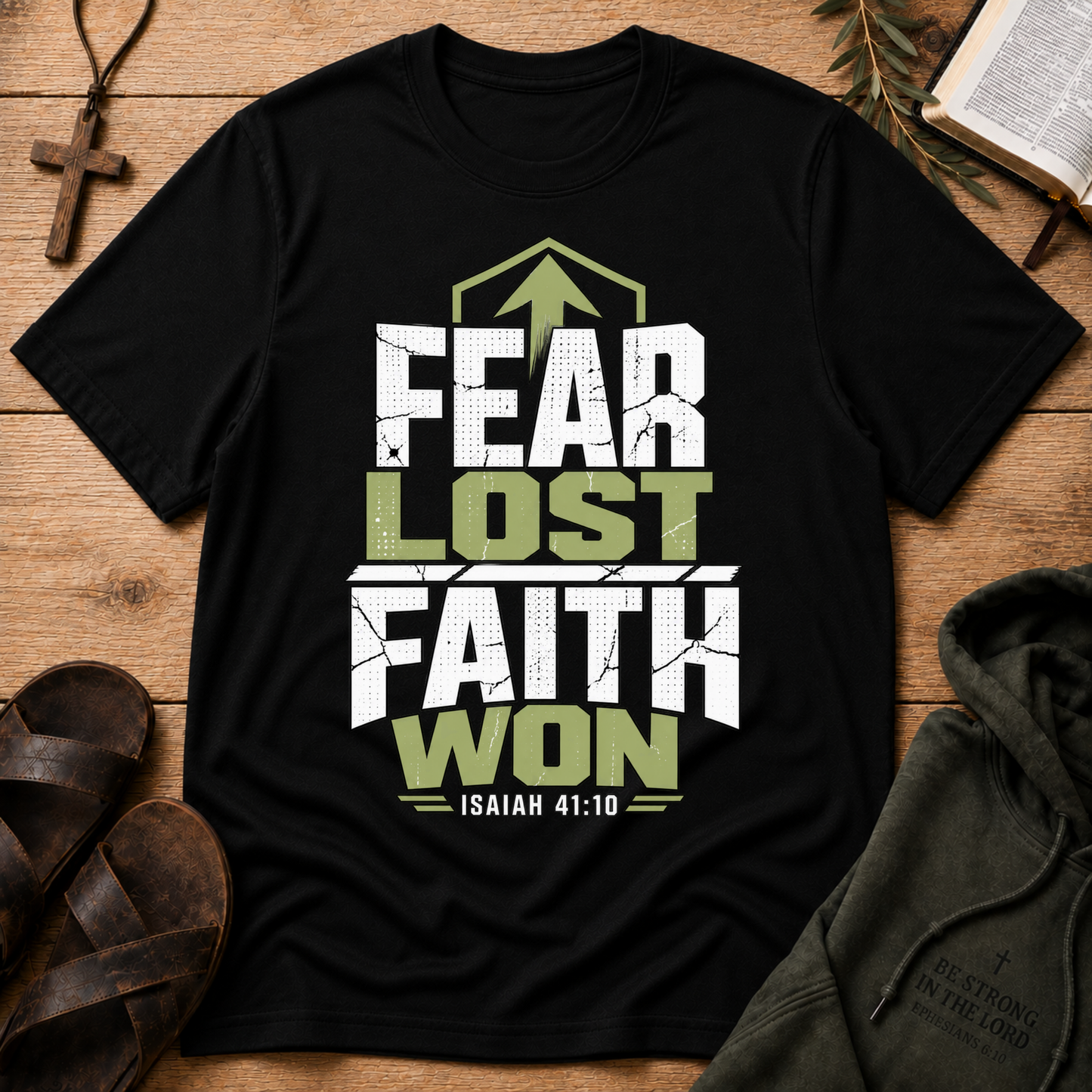 Fear Lost Faith Won Christian T-Shirt | Isaiah 41:10 Faith Shirt Breaking Bread Designs