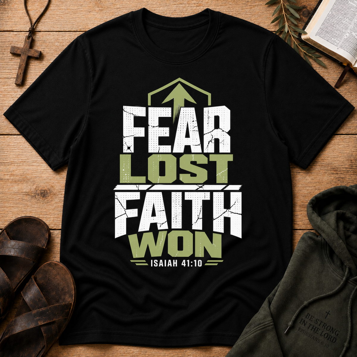 Fear Lost Faith Won Christian T-Shirt | Isaiah 41:10 Faith Shirt Breaking Bread Designs