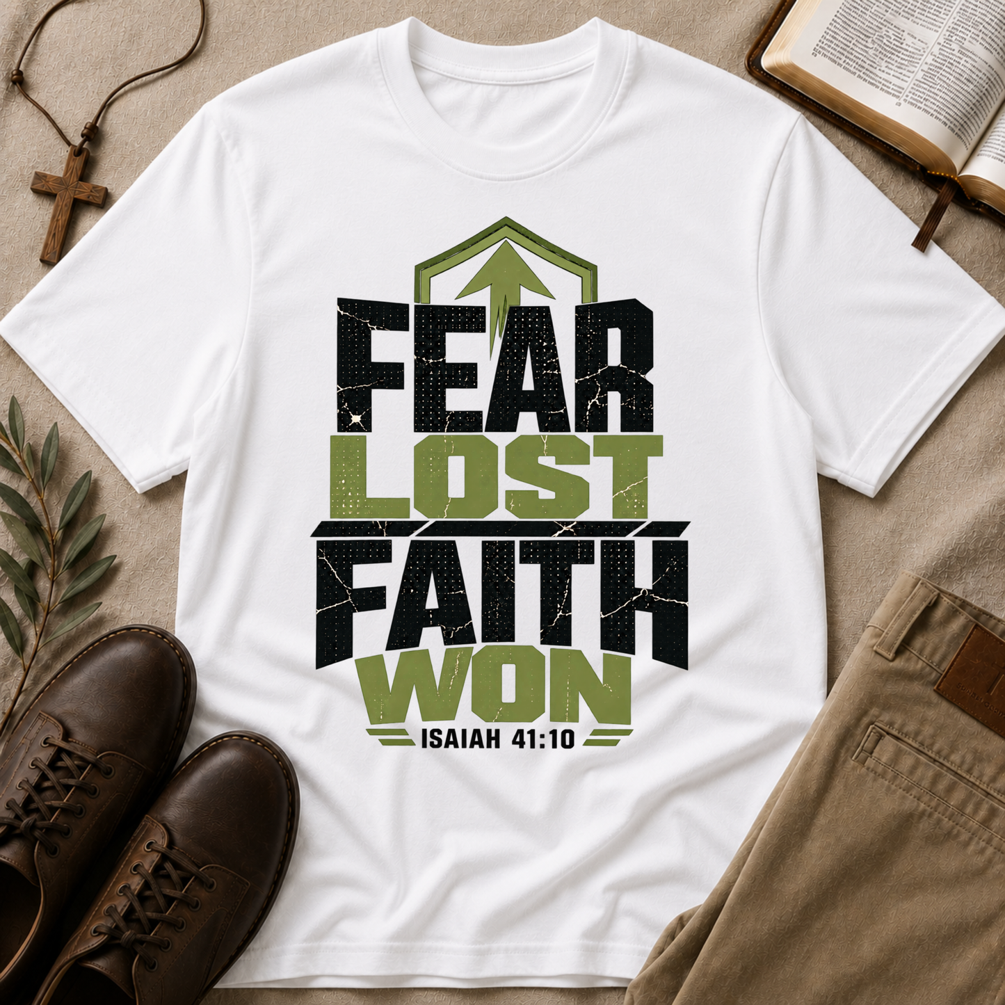 Fear Lost Faith Won Christian T-Shirt | Isaiah 41:10 Faith Shirt Breaking Bread Designs