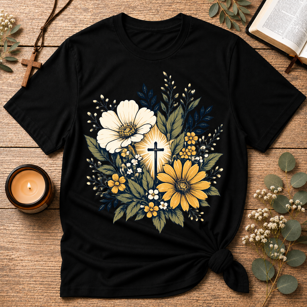 Floral Cross Christian T-Shirt | Faith Based Botanical Tee Breaking Bread Designs