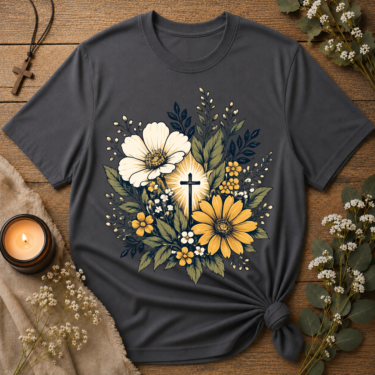 Floral Cross Christian T-Shirt | Faith Based Botanical Tee Breaking Bread Designs