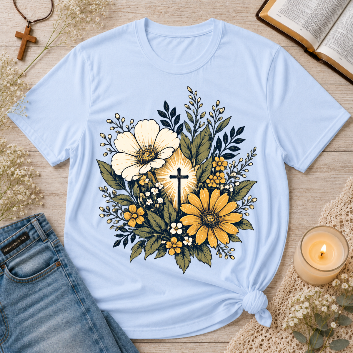 Floral Cross Christian T-Shirt | Faith Based Botanical Tee Breaking Bread Designs