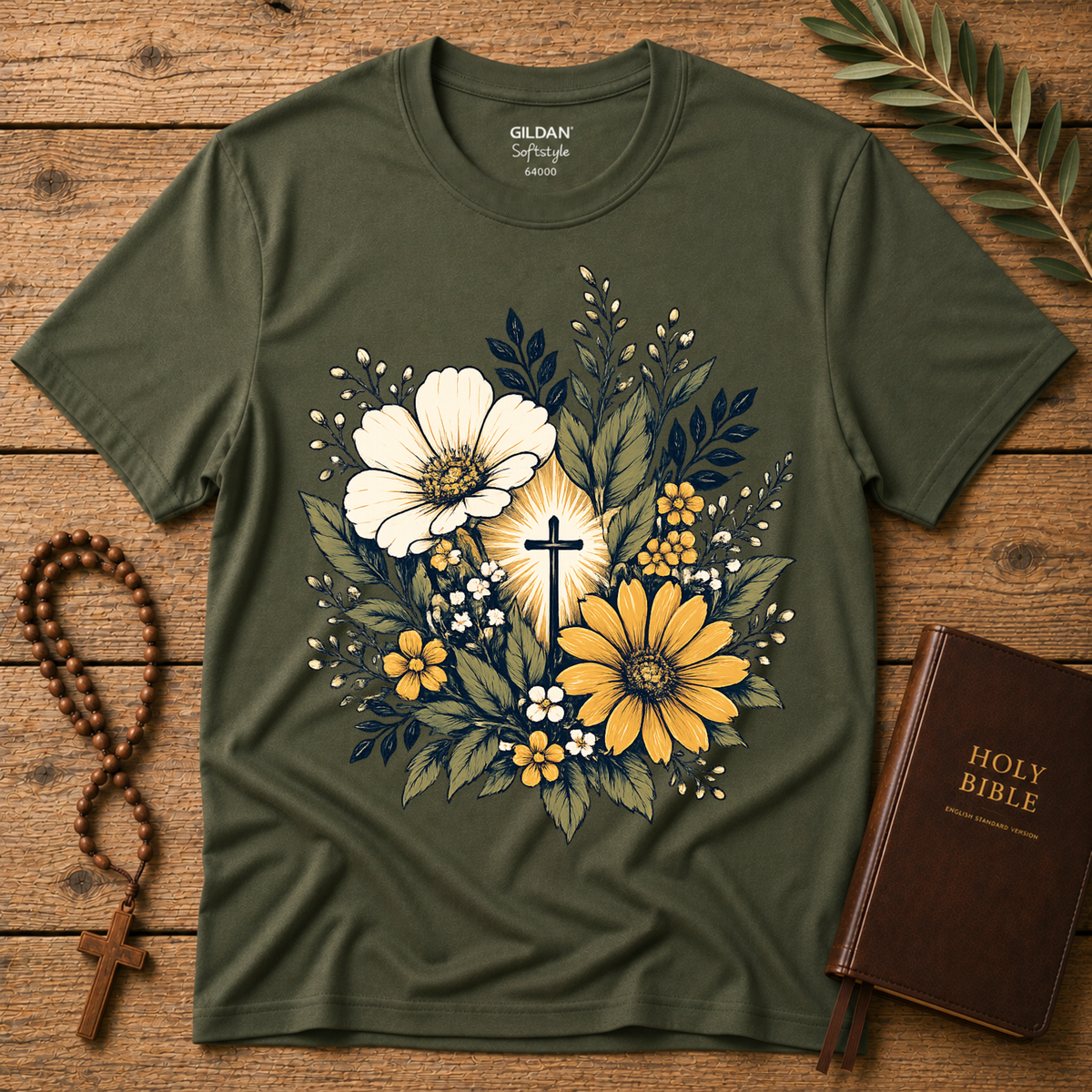 Floral Cross Christian T-Shirt | Faith Based Botanical Tee Breaking Bread Designs