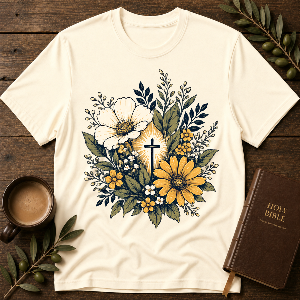 Floral Cross Christian T-Shirt | Faith Based Botanical Tee Breaking Bread Designs