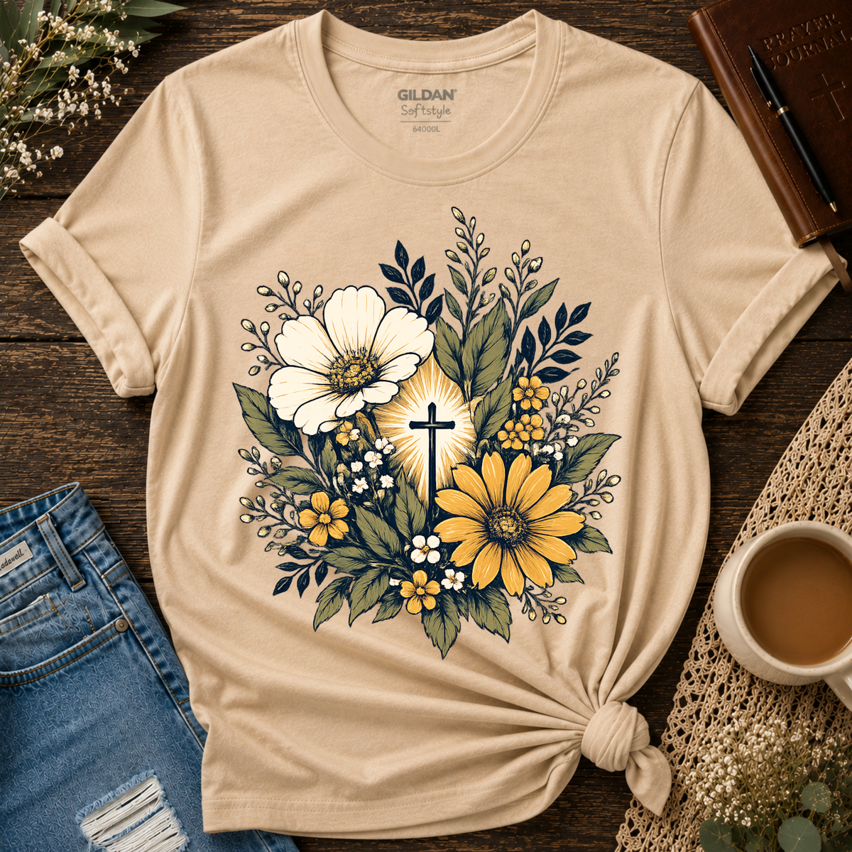 Floral Cross Christian T-Shirt | Faith Based Botanical Tee Breaking Bread Designs