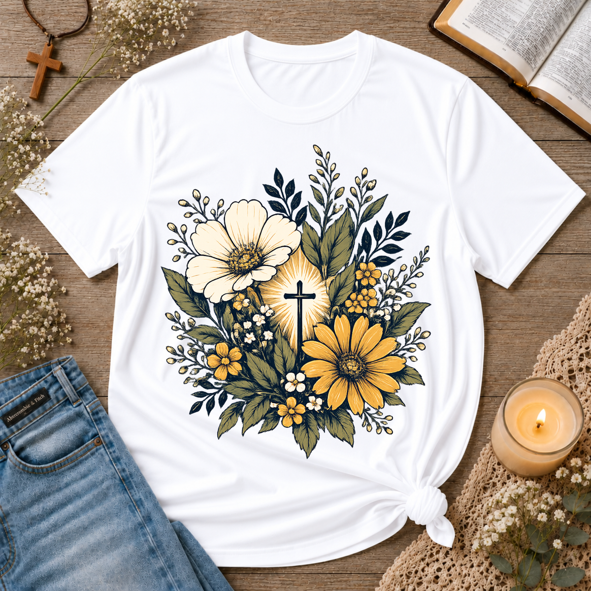 Floral Cross Christian T-Shirt | Faith Based Botanical Tee Breaking Bread Designs
