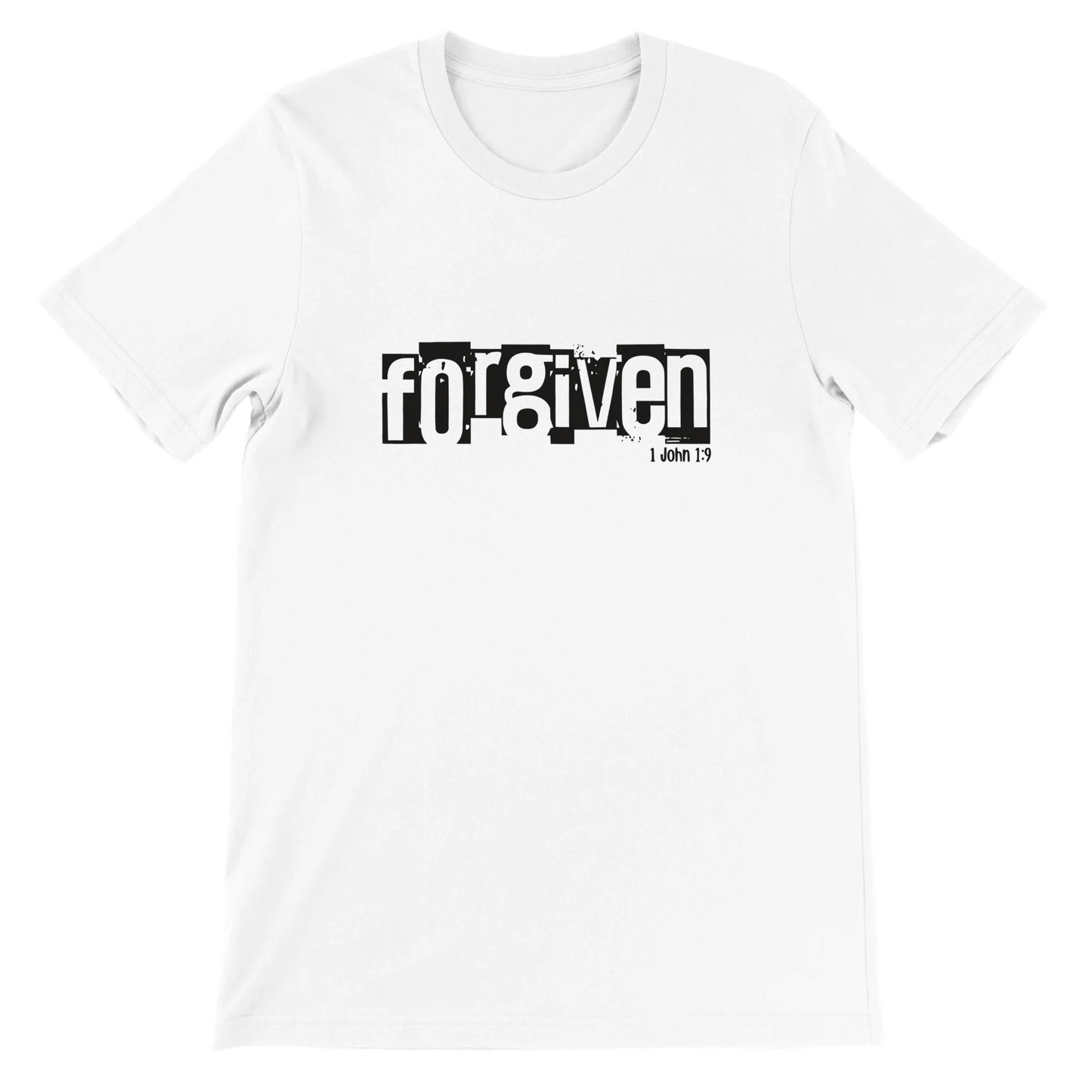 White t-shirt with 'forgiven' text on a white background