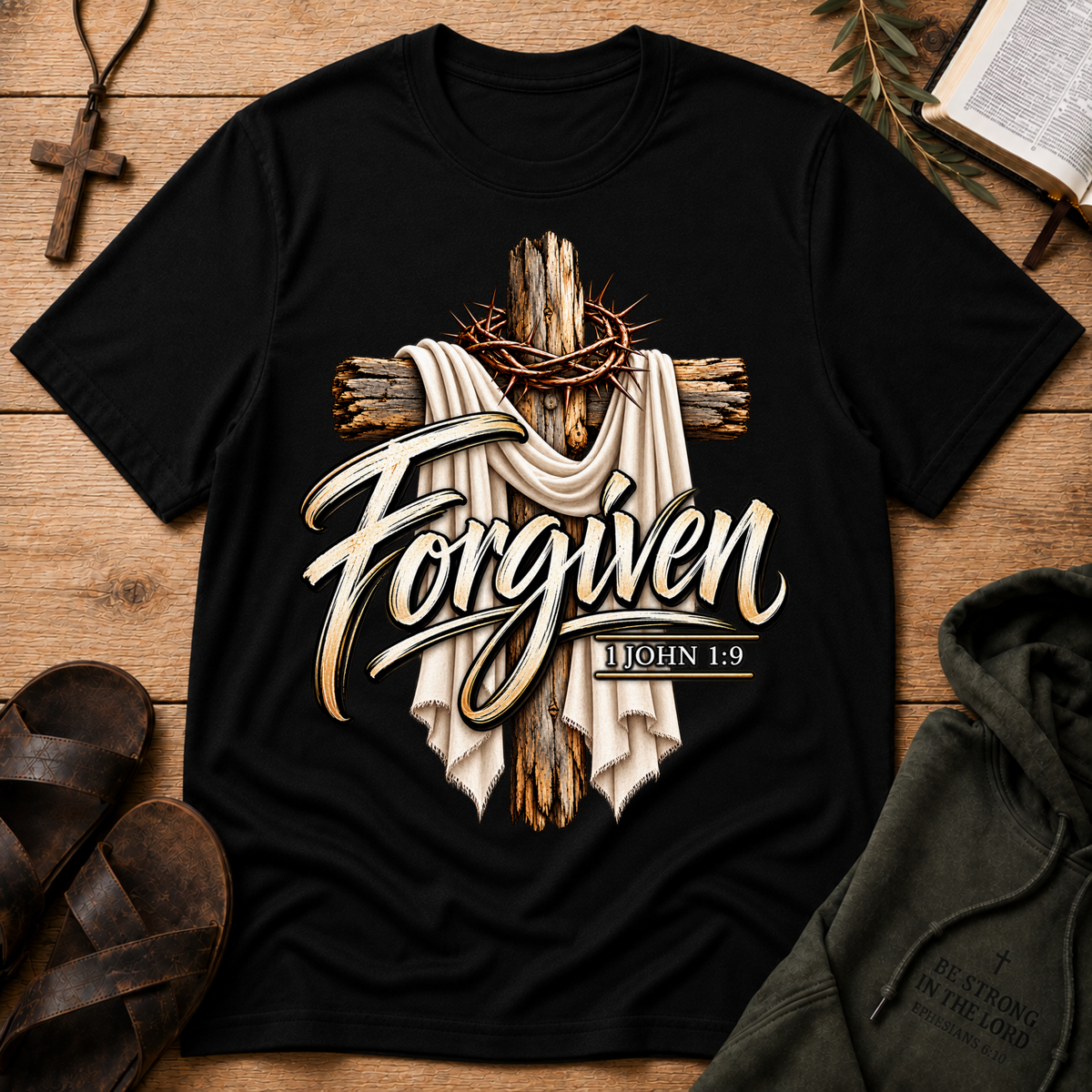 Forgiven Christian T-Shirt | 1 John 1:9 Faith Shirt Breaking Bread Designs