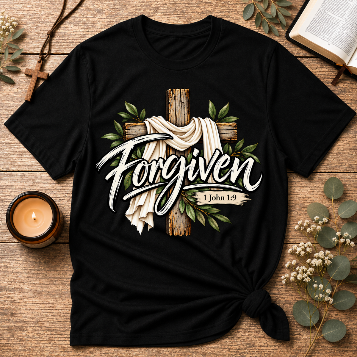 Forgiven Christian T-Shirt | 1 John 1:9 Faith Tee Breaking Bread Designs