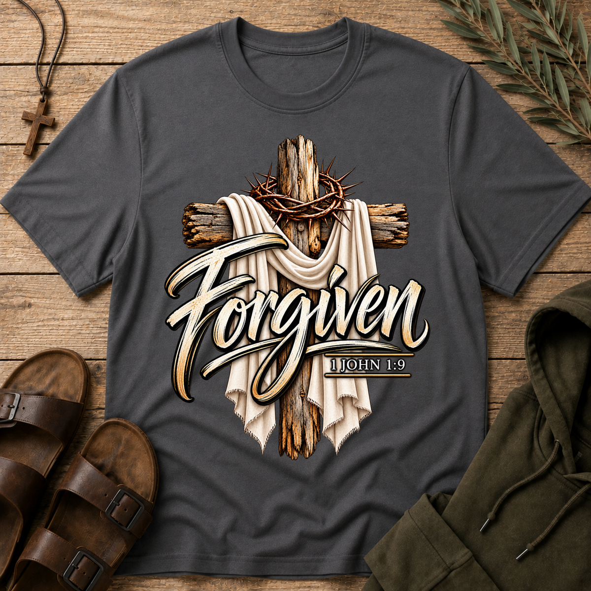 Forgiven Christian T-Shirt | 1 John 1:9 Faith Shirt Breaking Bread Designs