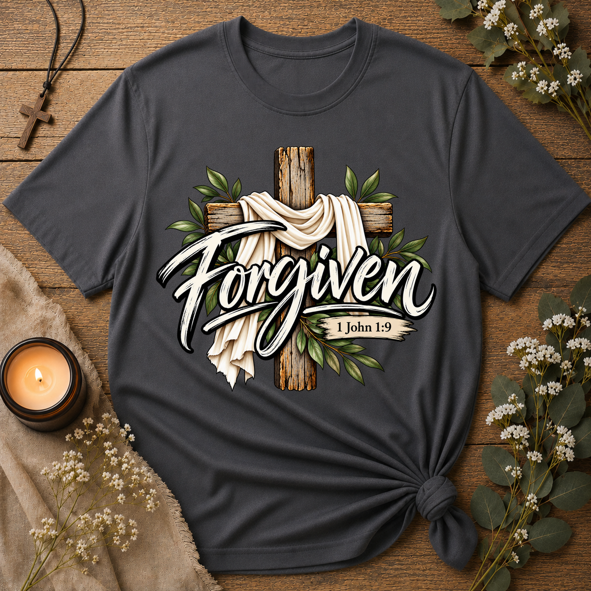 Forgiven Christian T-Shirt | 1 John 1:9 Faith Tee Breaking Bread Designs
