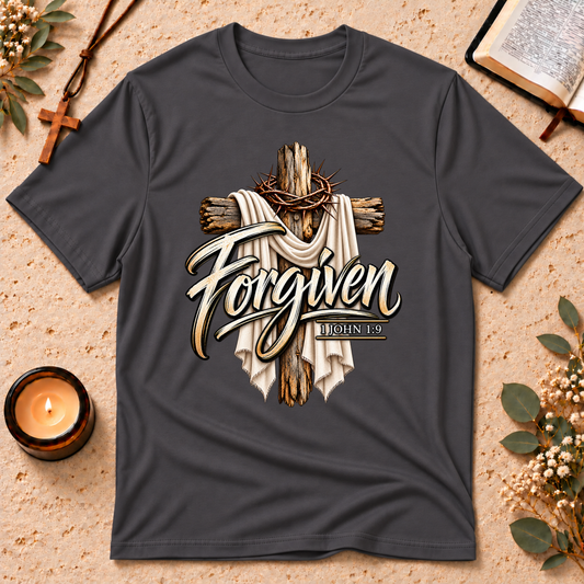 Forgiven 1 John 1:9 Faith T-Shirt Breaking Bread Designs