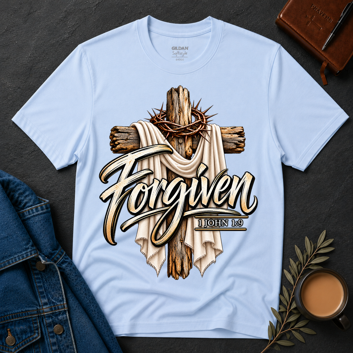 Forgiven Christian T-Shirt | 1 John 1:9 Faith Shirt Breaking Bread Designs