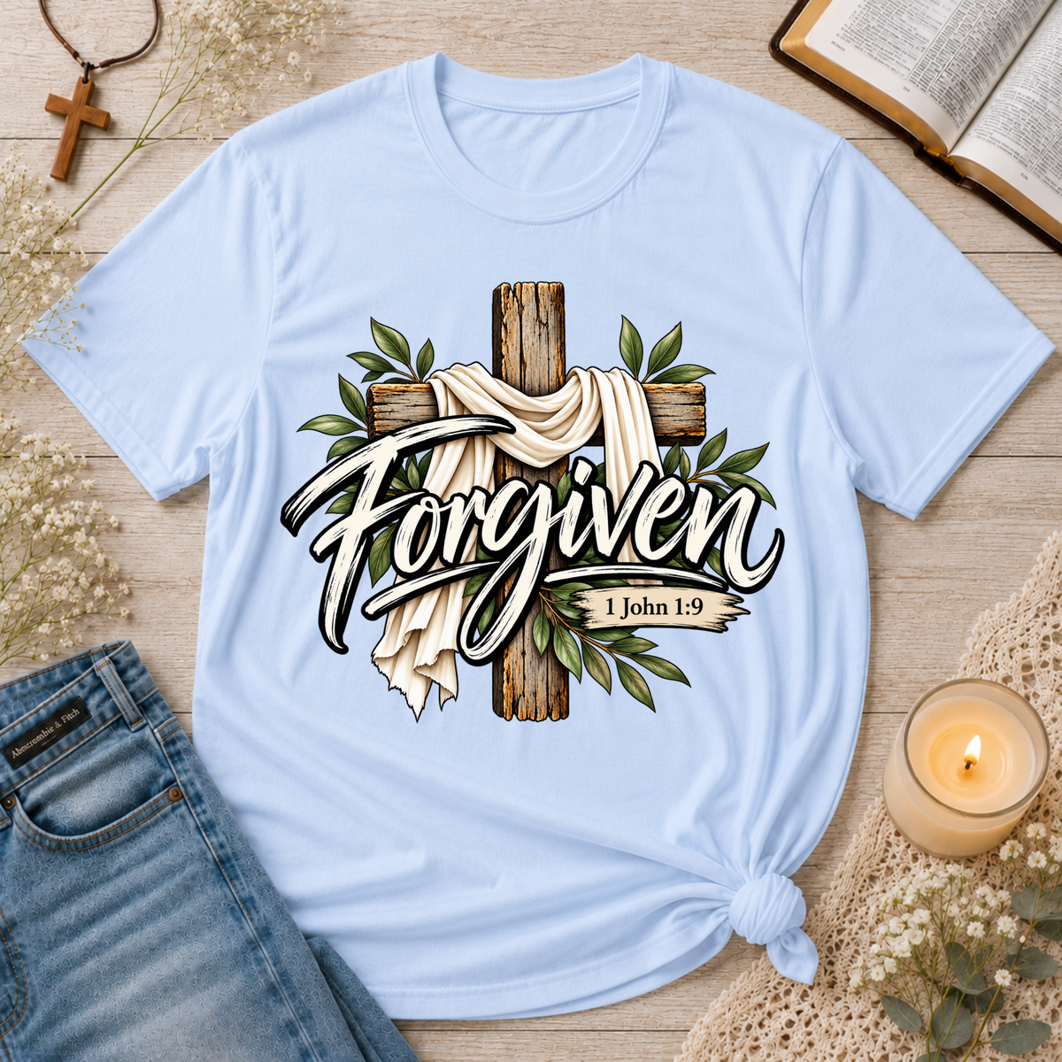 Forgiven Christian T-Shirt | 1 John 1:9 Faith Tee Breaking Bread Designs