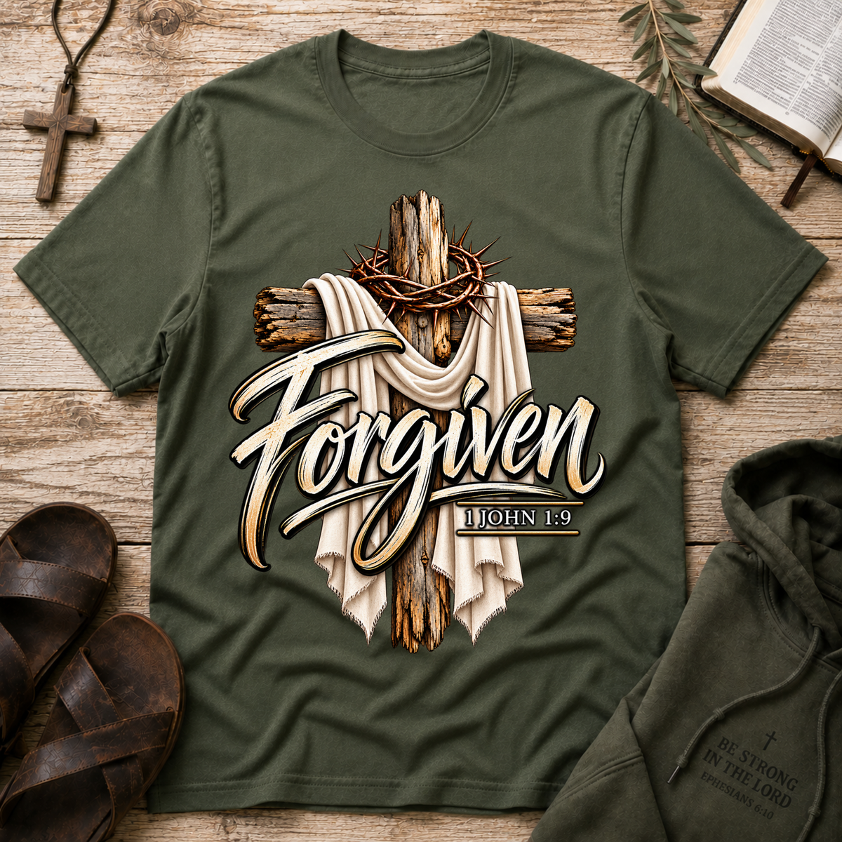 Forgiven Christian T-Shirt | 1 John 1:9 Faith Shirt Breaking Bread Designs
