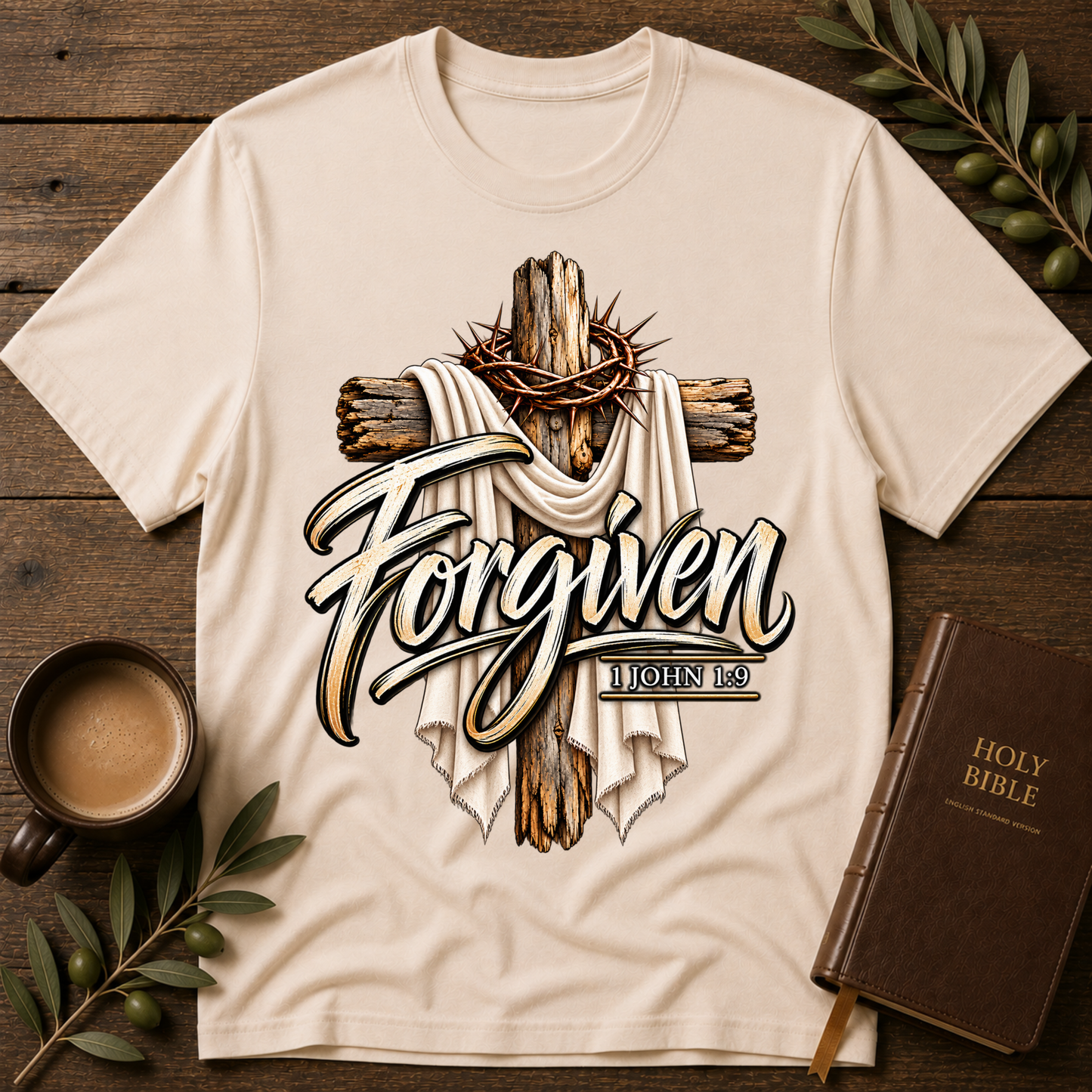 Forgiven Christian T-Shirt | 1 John 1:9 Faith Shirt Breaking Bread Designs